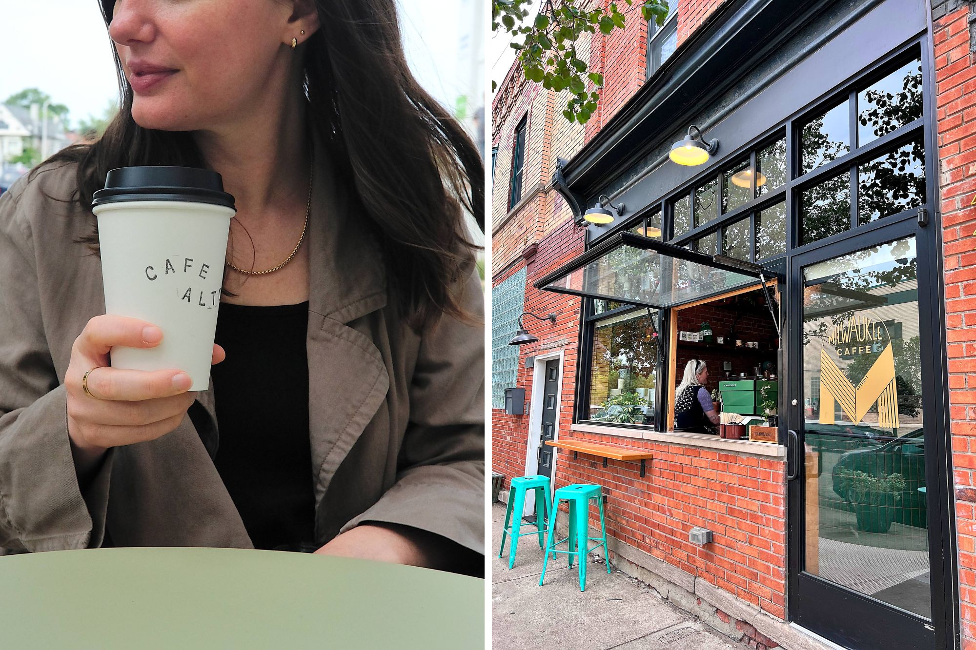 Two images: one of Alyssa sitting and holding a Cafe Alto cup and another of the exterior of Milwaukee Caffe