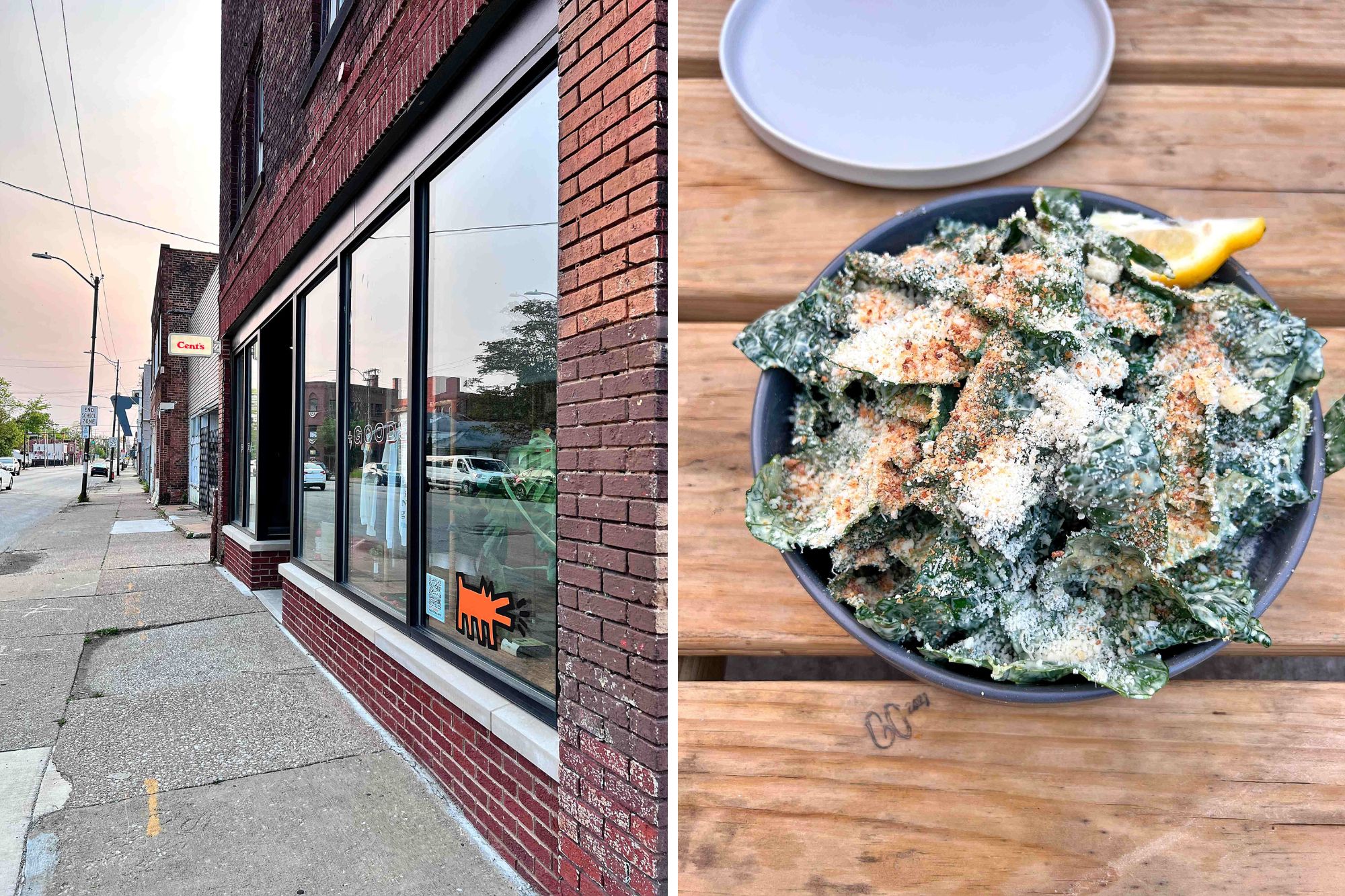 the exterior of Cent's Pizza, and the Kale Caesar salad