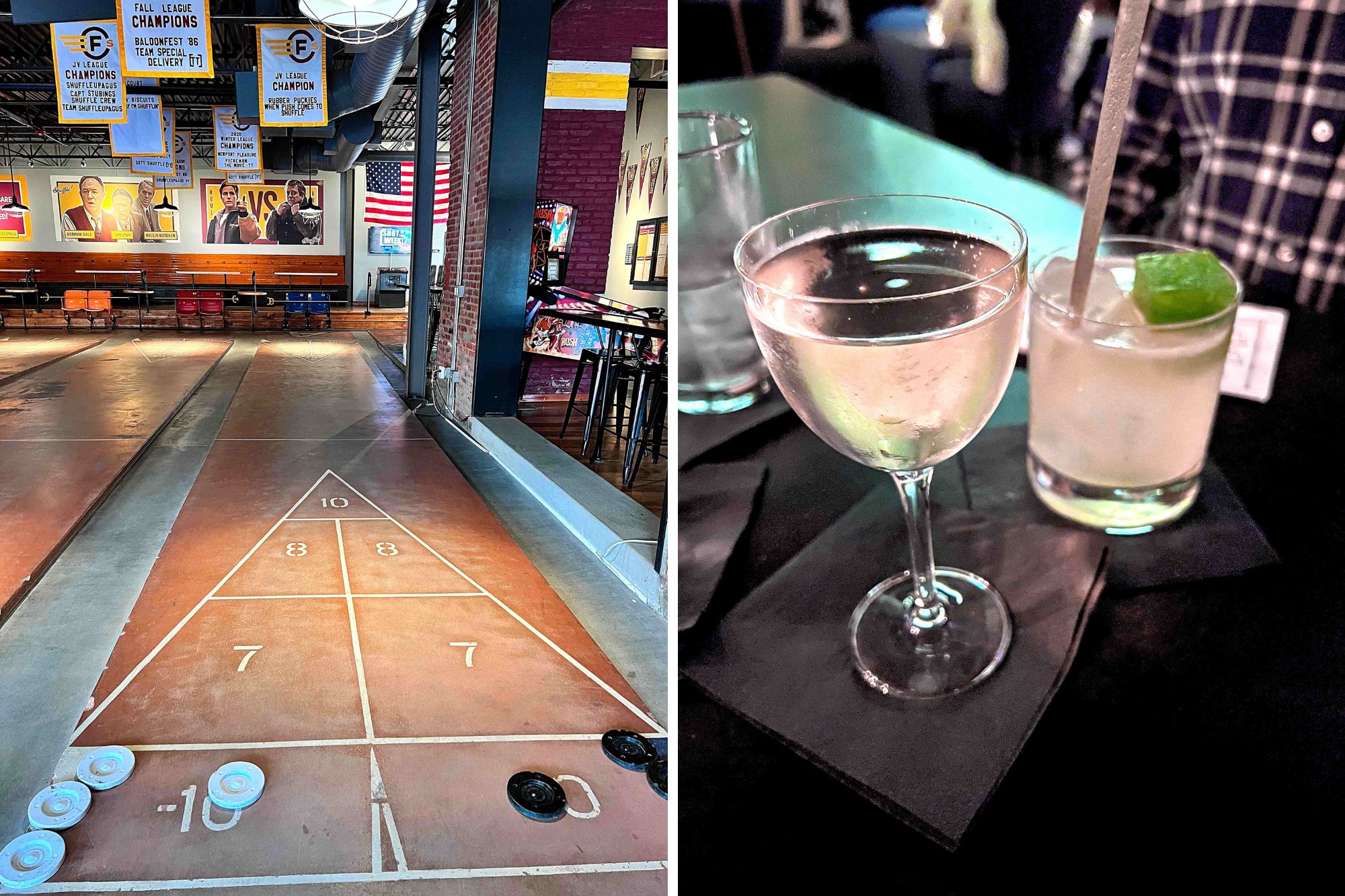 Two images: a shuffleboard lane and a table with cocktails