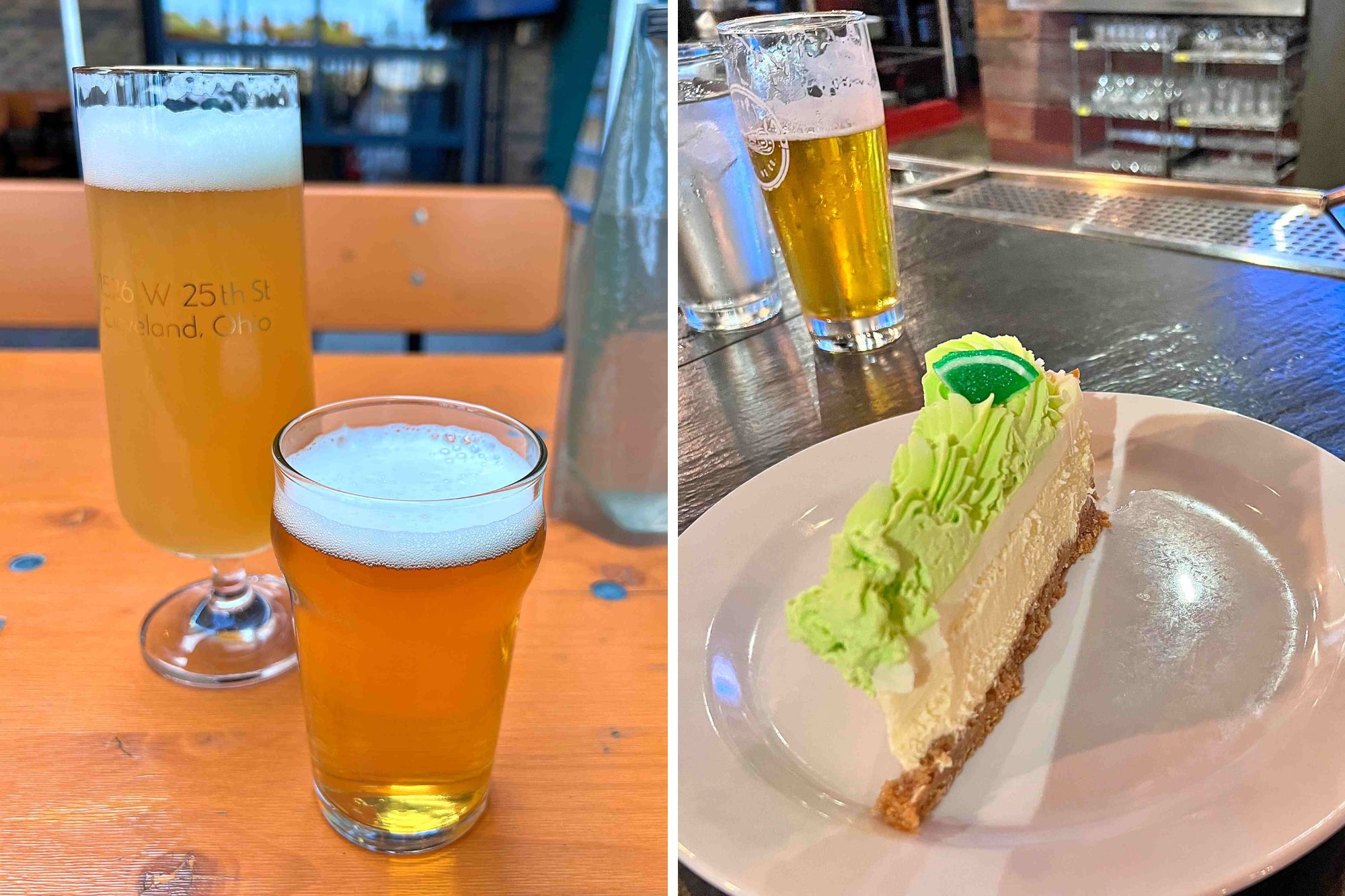 Two Beers on a table at Bookhouse Brewing, and a slice of cheesecake with beer at Masthead