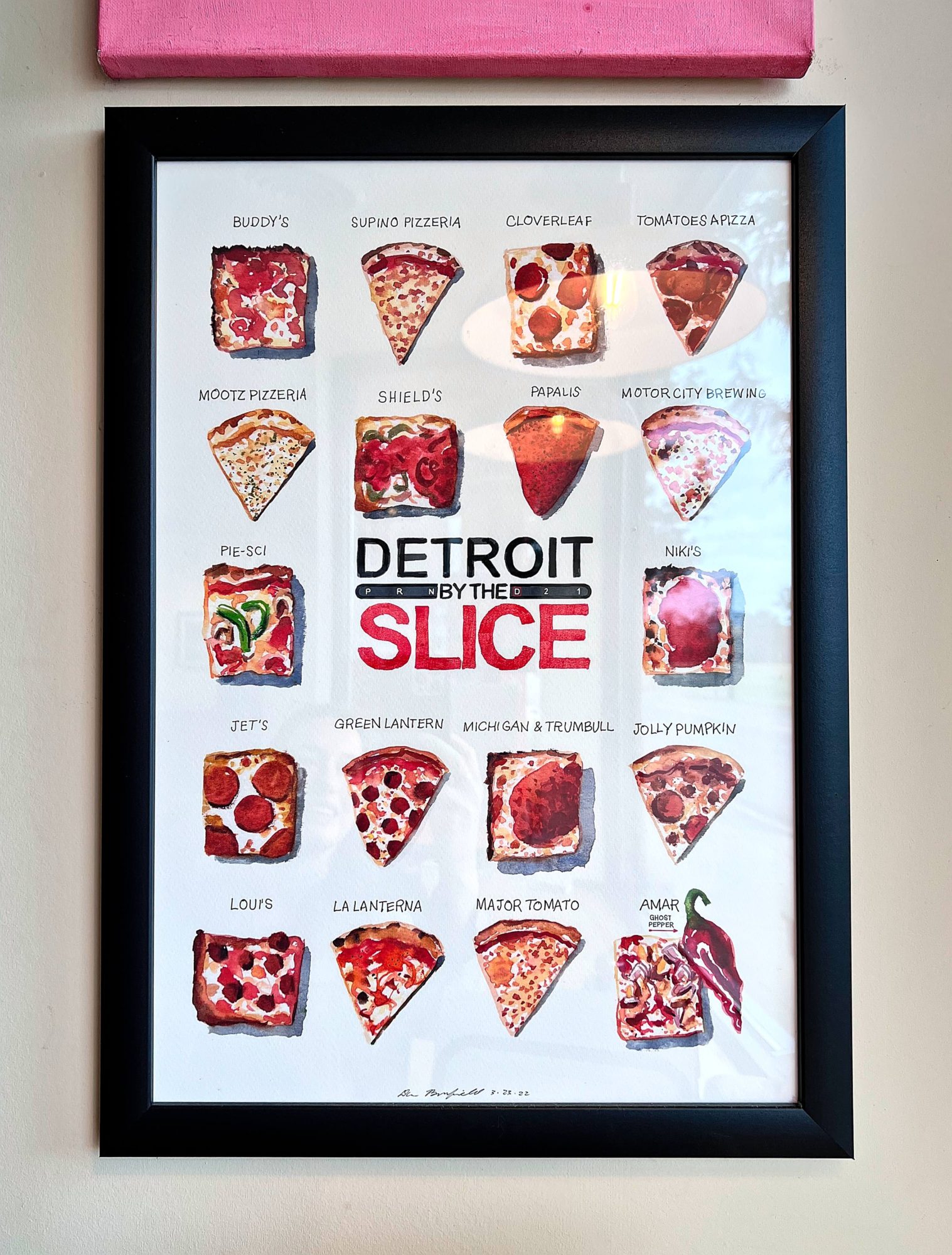 A poster that reads Detroit Slice and has watercolor images of different pizzas