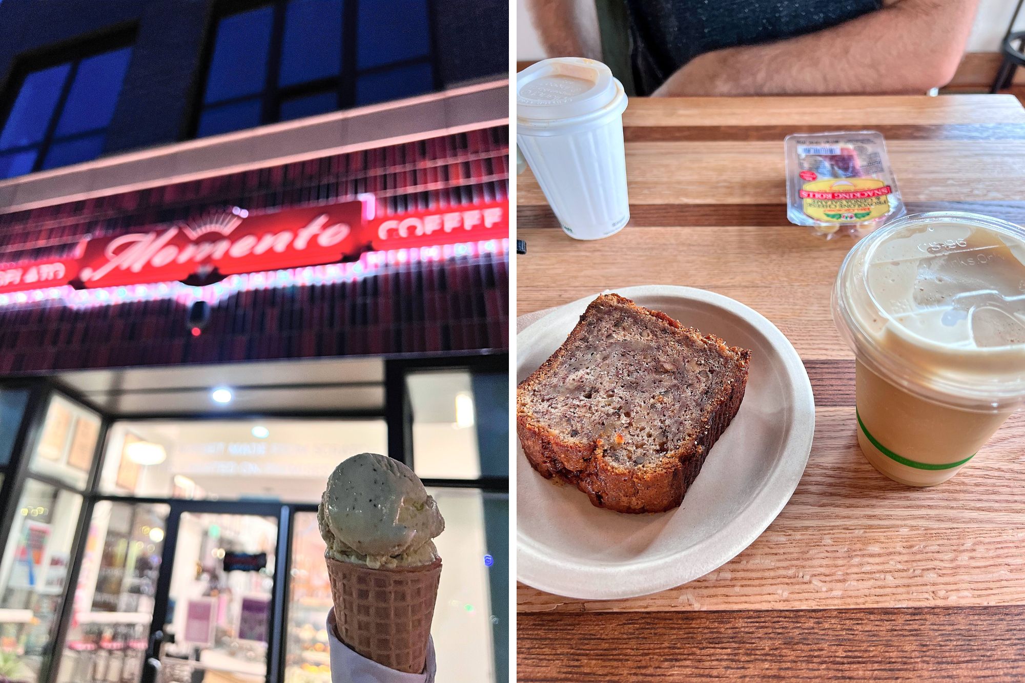 Two images: one of a gelato cone and another of a slice of banana bread