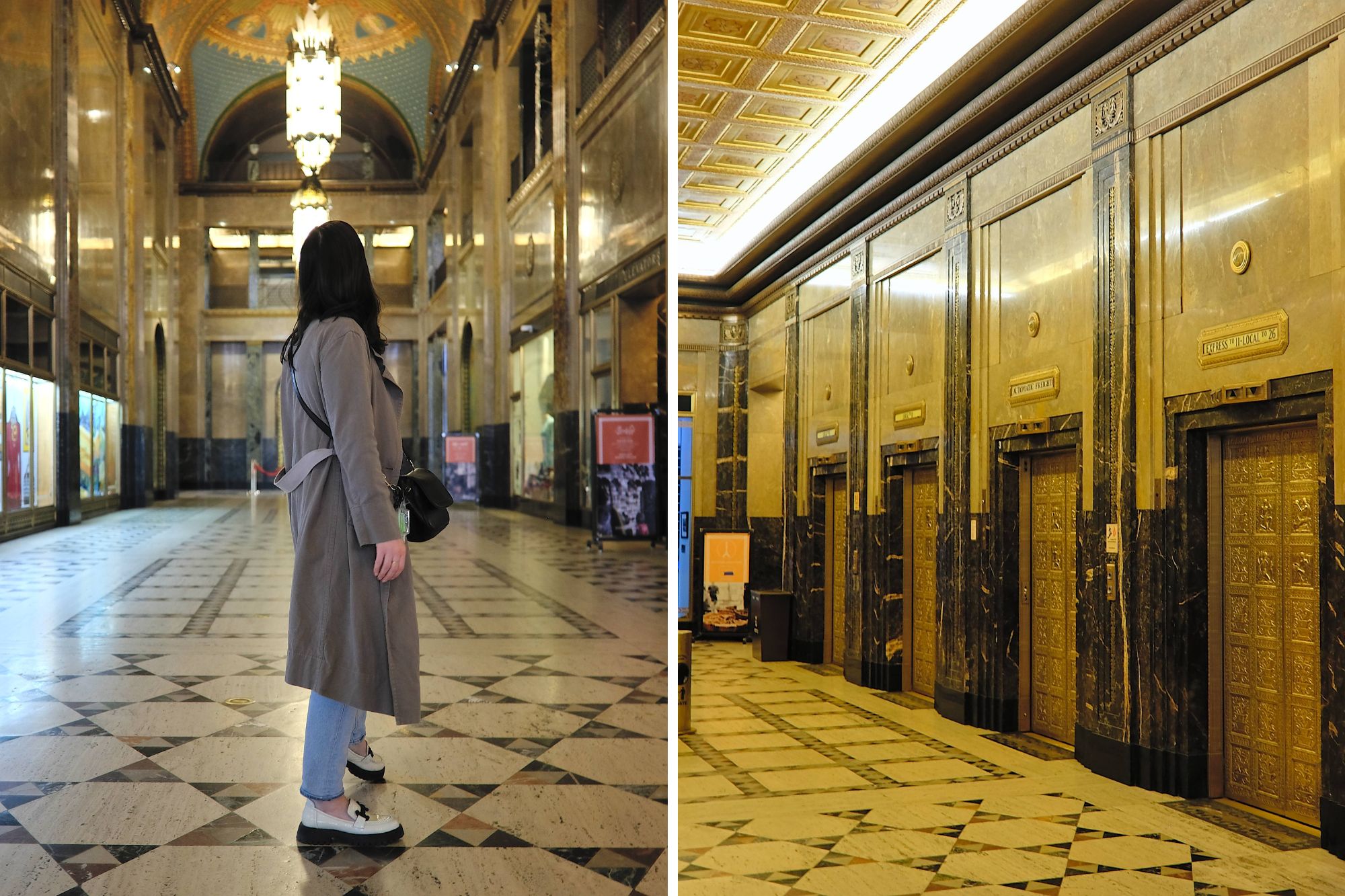 Two images in the Fisher Building: one of Alyssa in a hallway, and one of the elevators