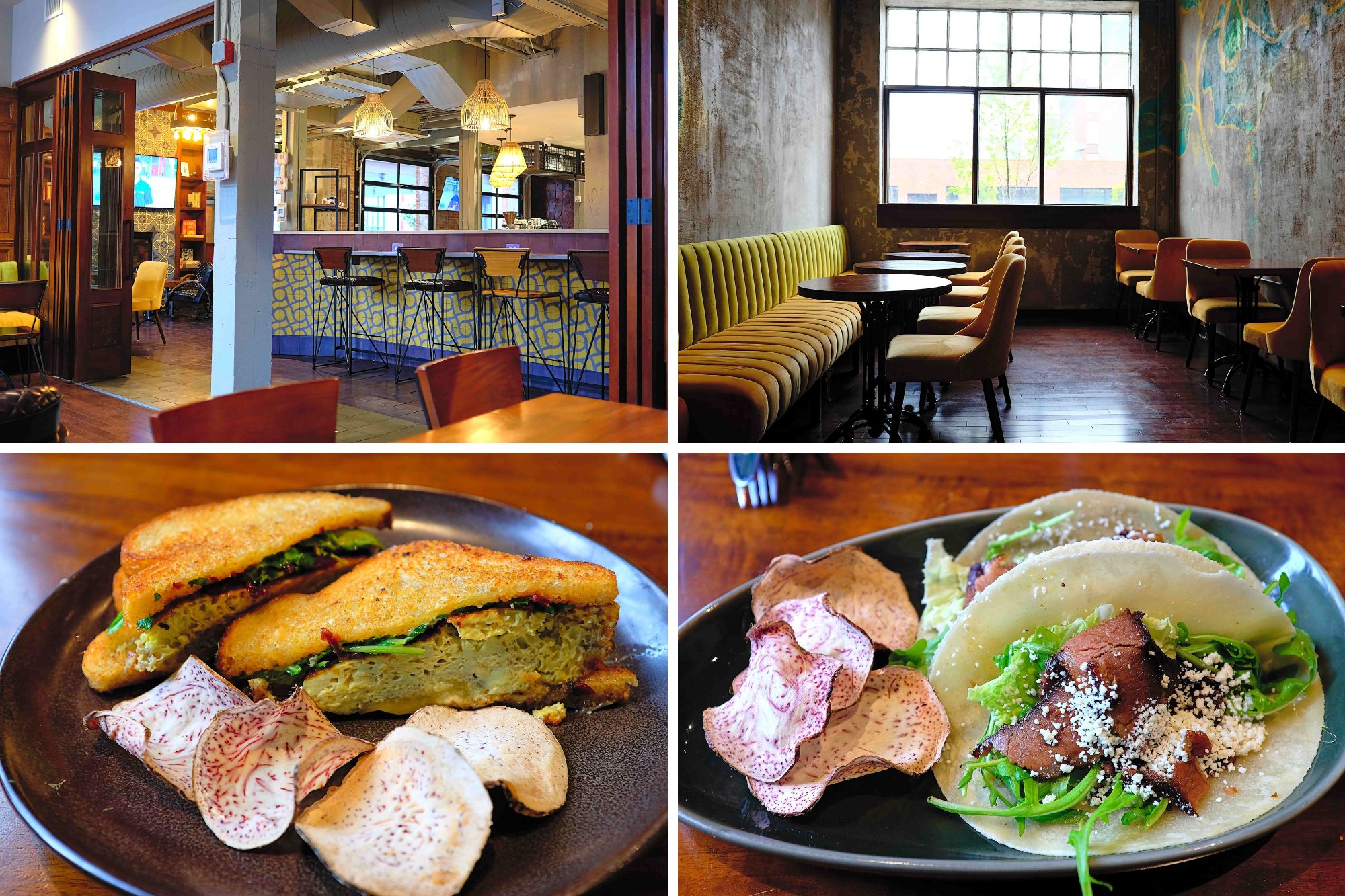 Collage of the interior of Green Goat, and two entrees