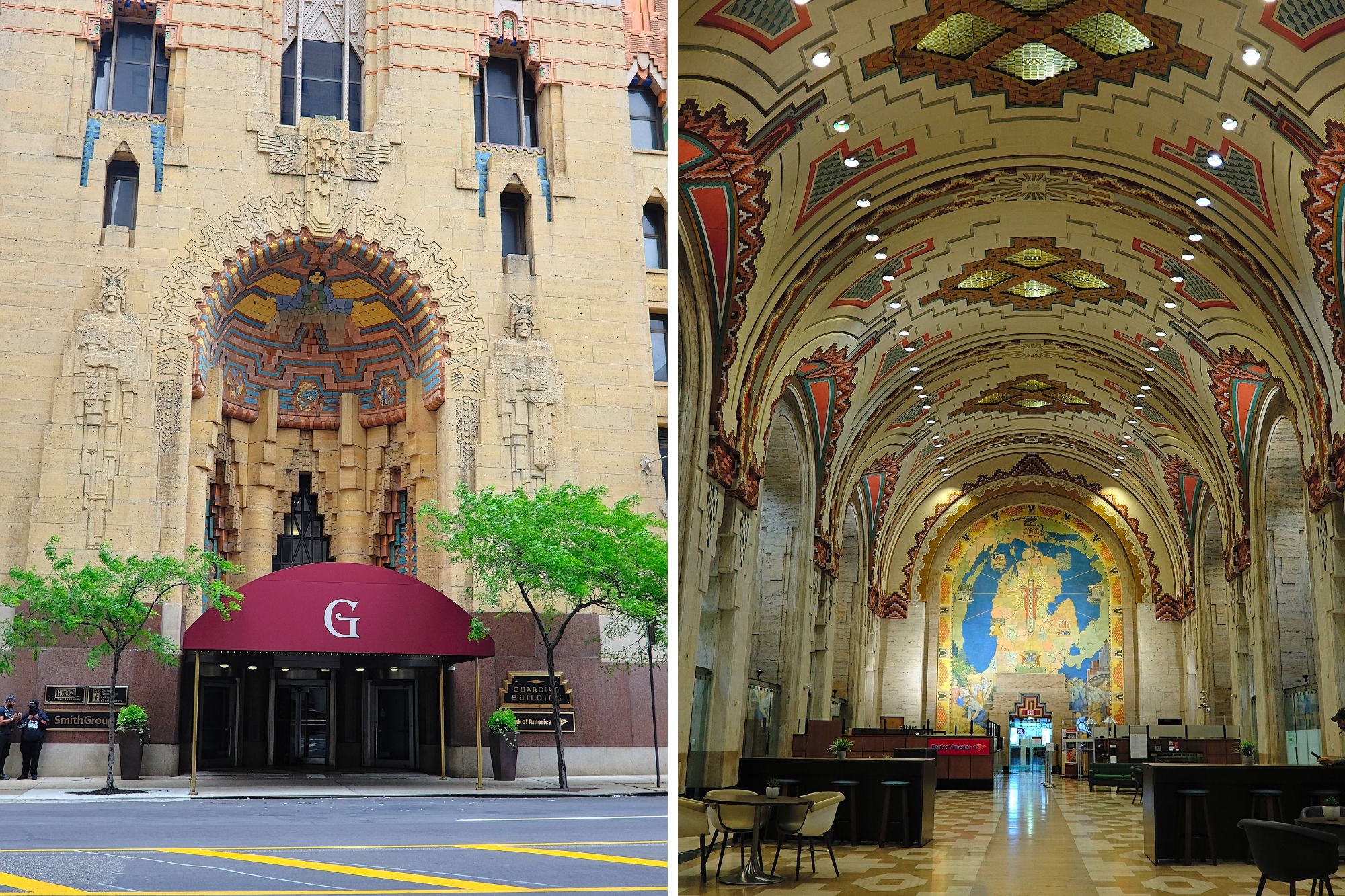 The interior and exterior of the Guardian Building in Detroit