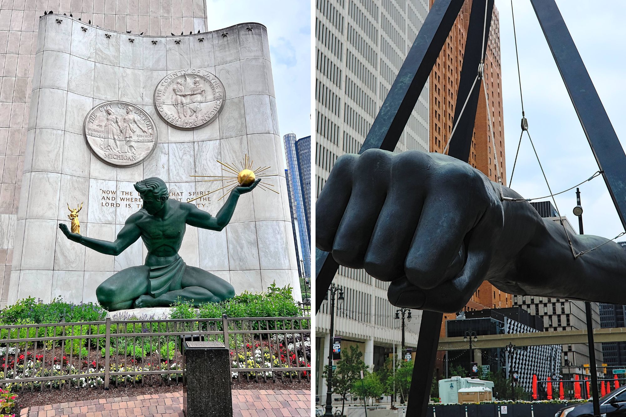 two images of sculptures in Detroit: The Spirit of Detroit and the Monument to Joe Louis “The Fist”