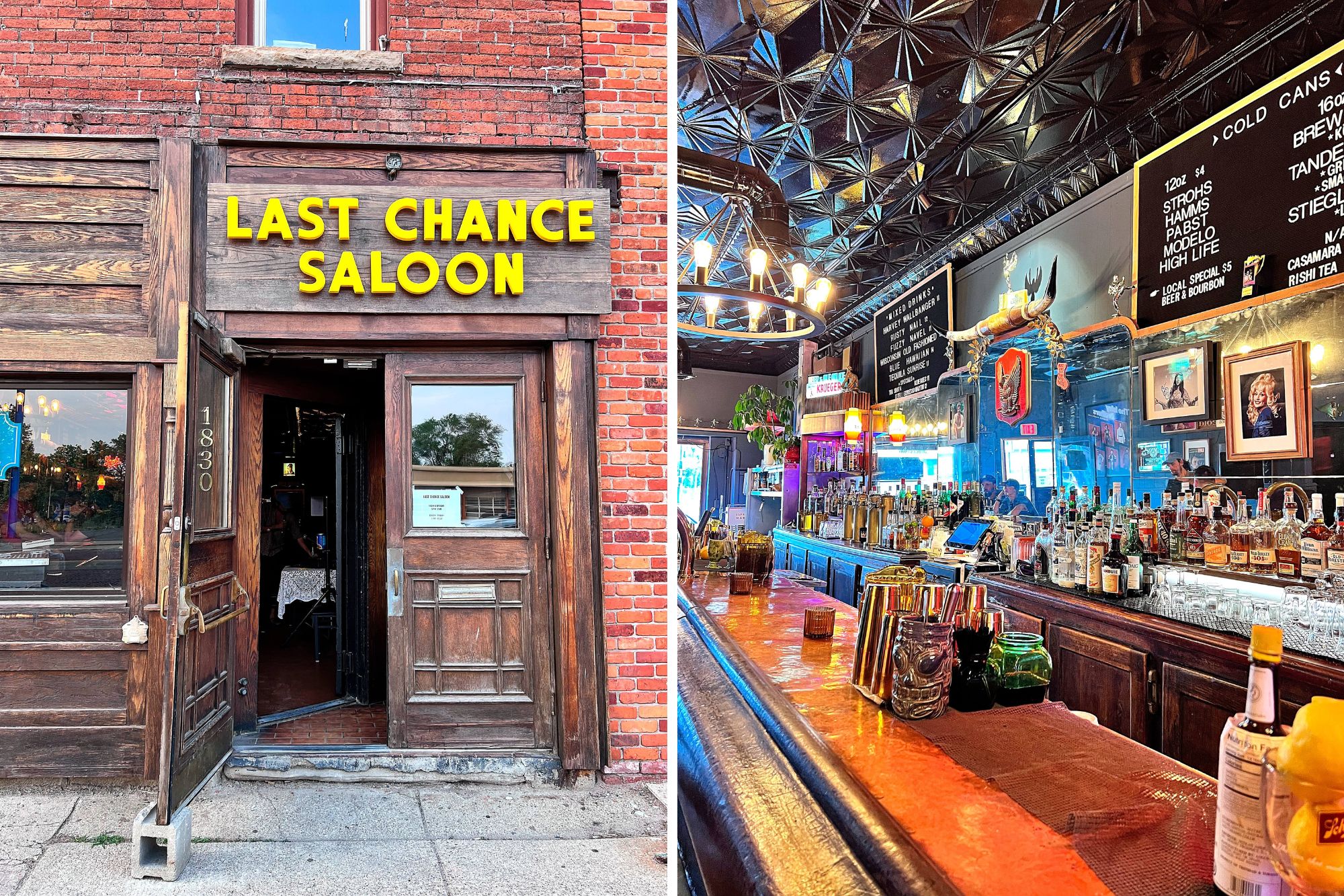 Exterior and interior of Last Chance Saloon in Detroit