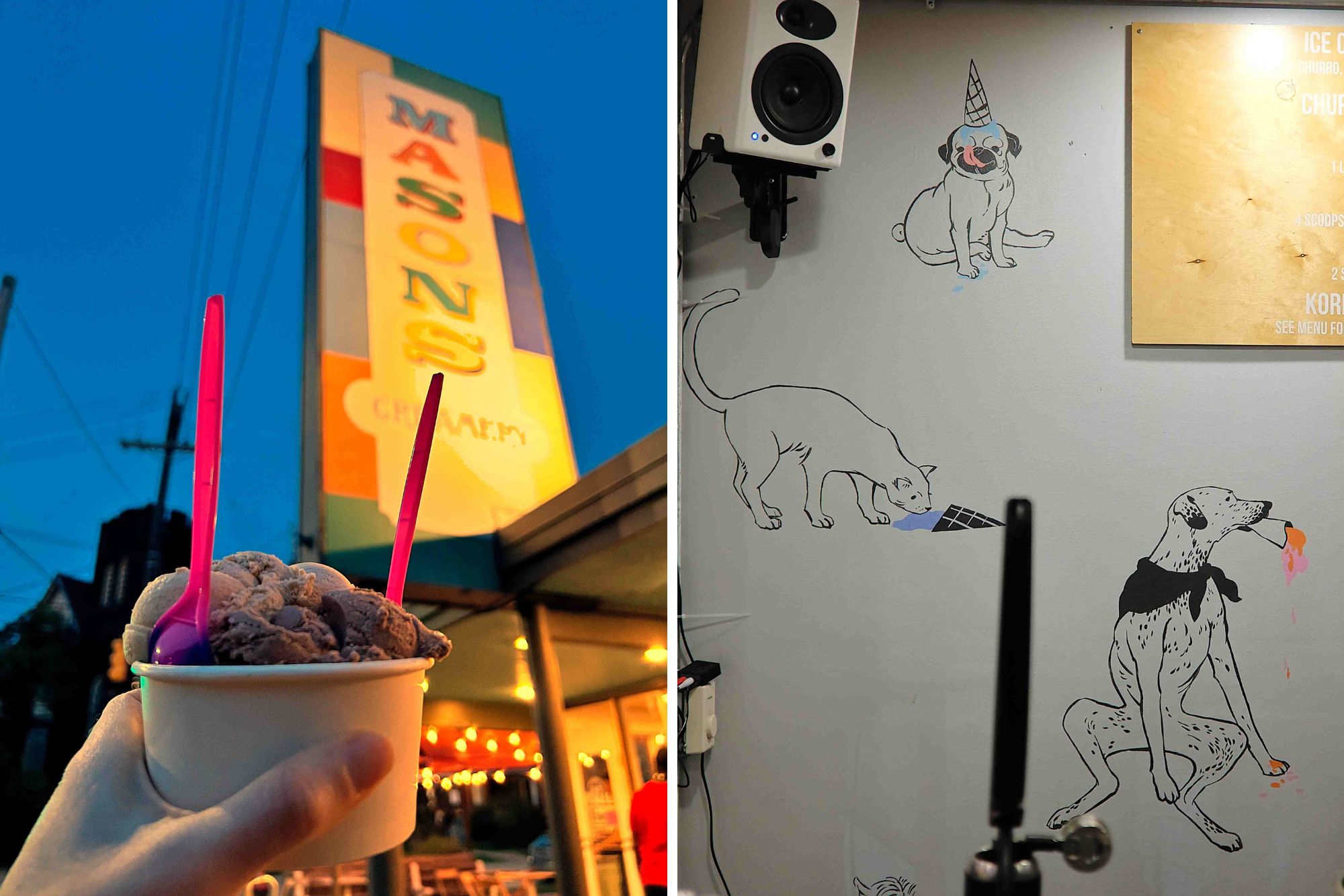 The Mason's Creamery sign with Alyssa holding a cup of ice cream, and a mural of pets with ice cream