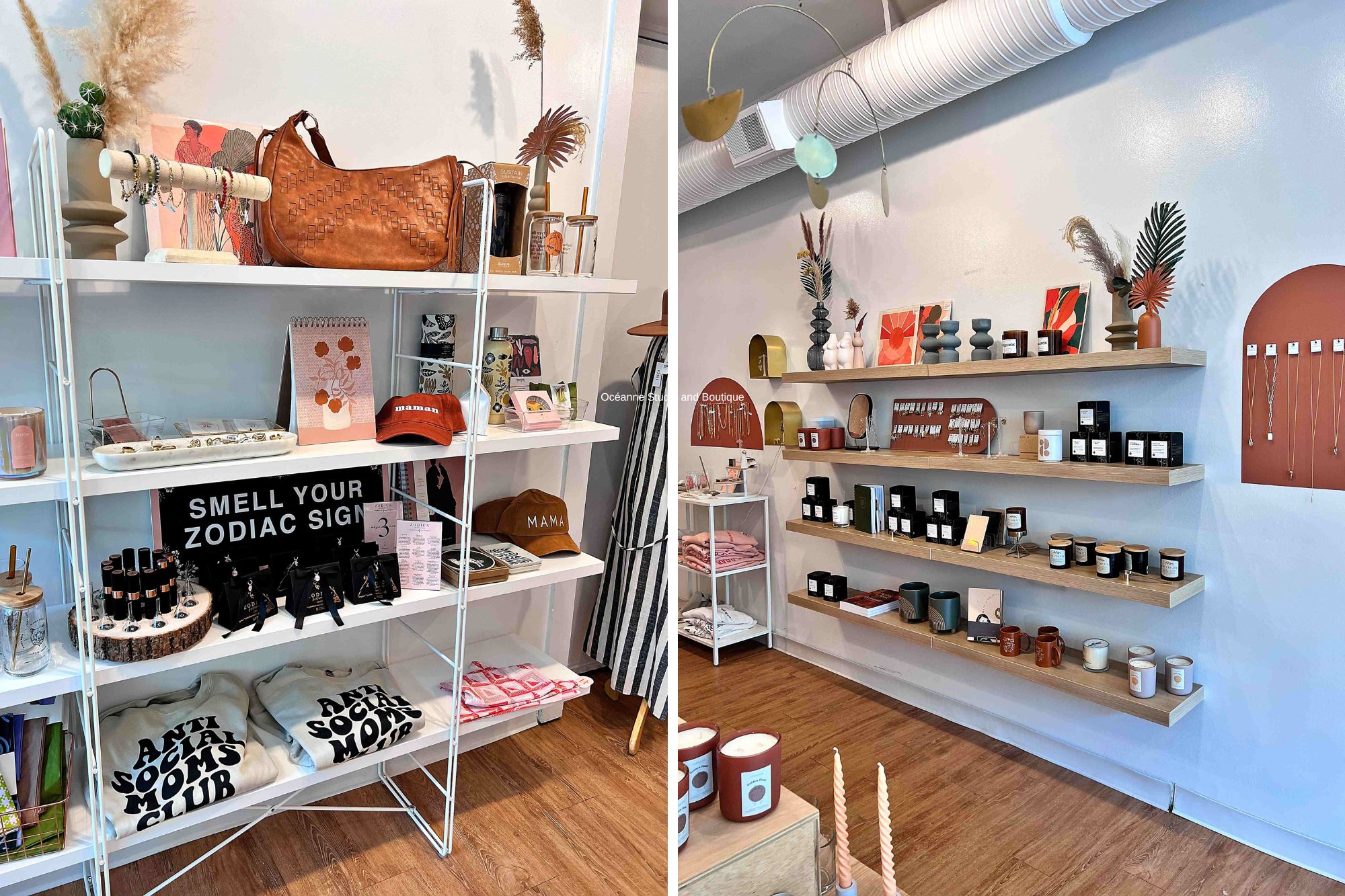 Two shelves of wares at Océanne Studio and Boutique