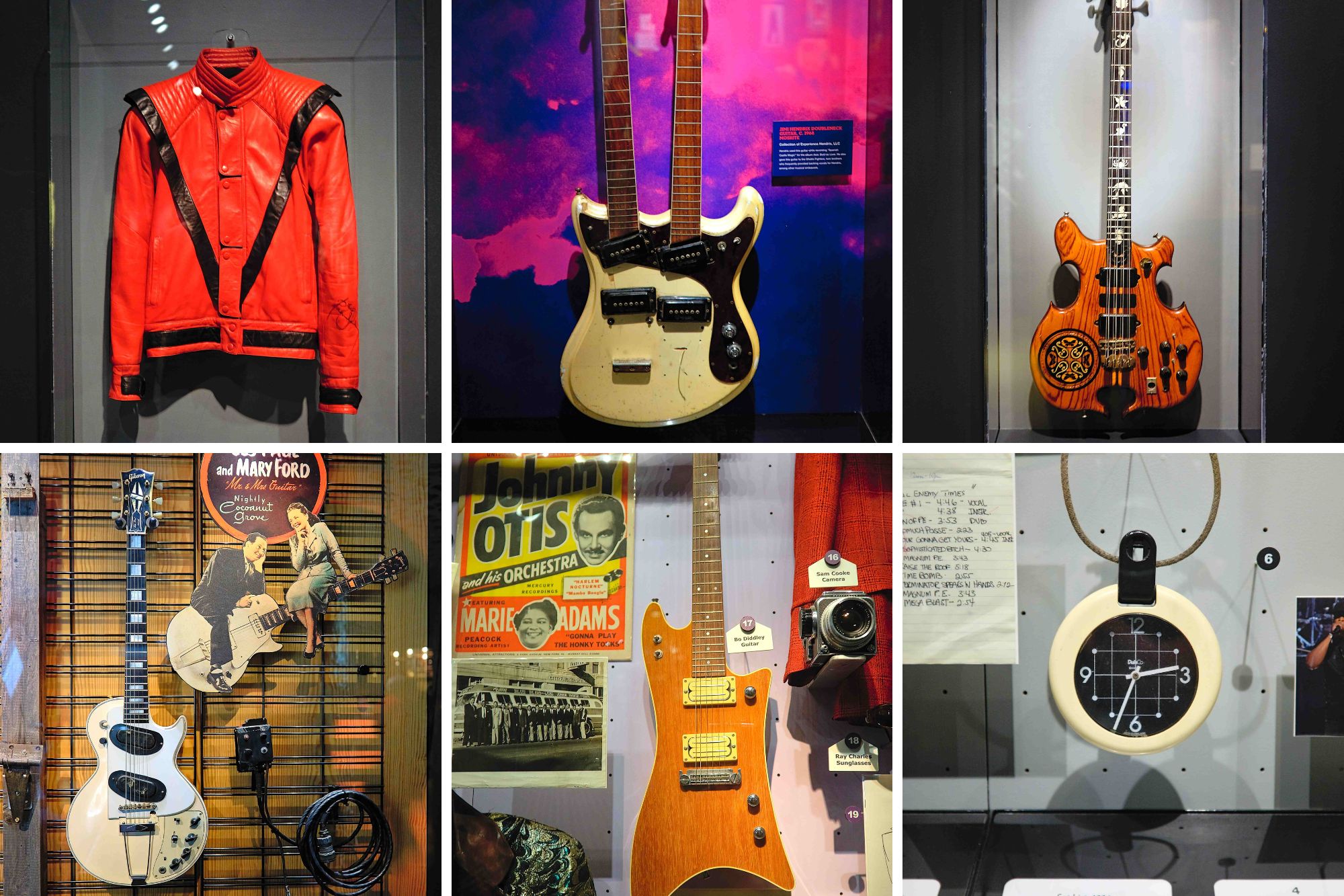A collage of memorabilia at the Rock & Roll Hall of Fame