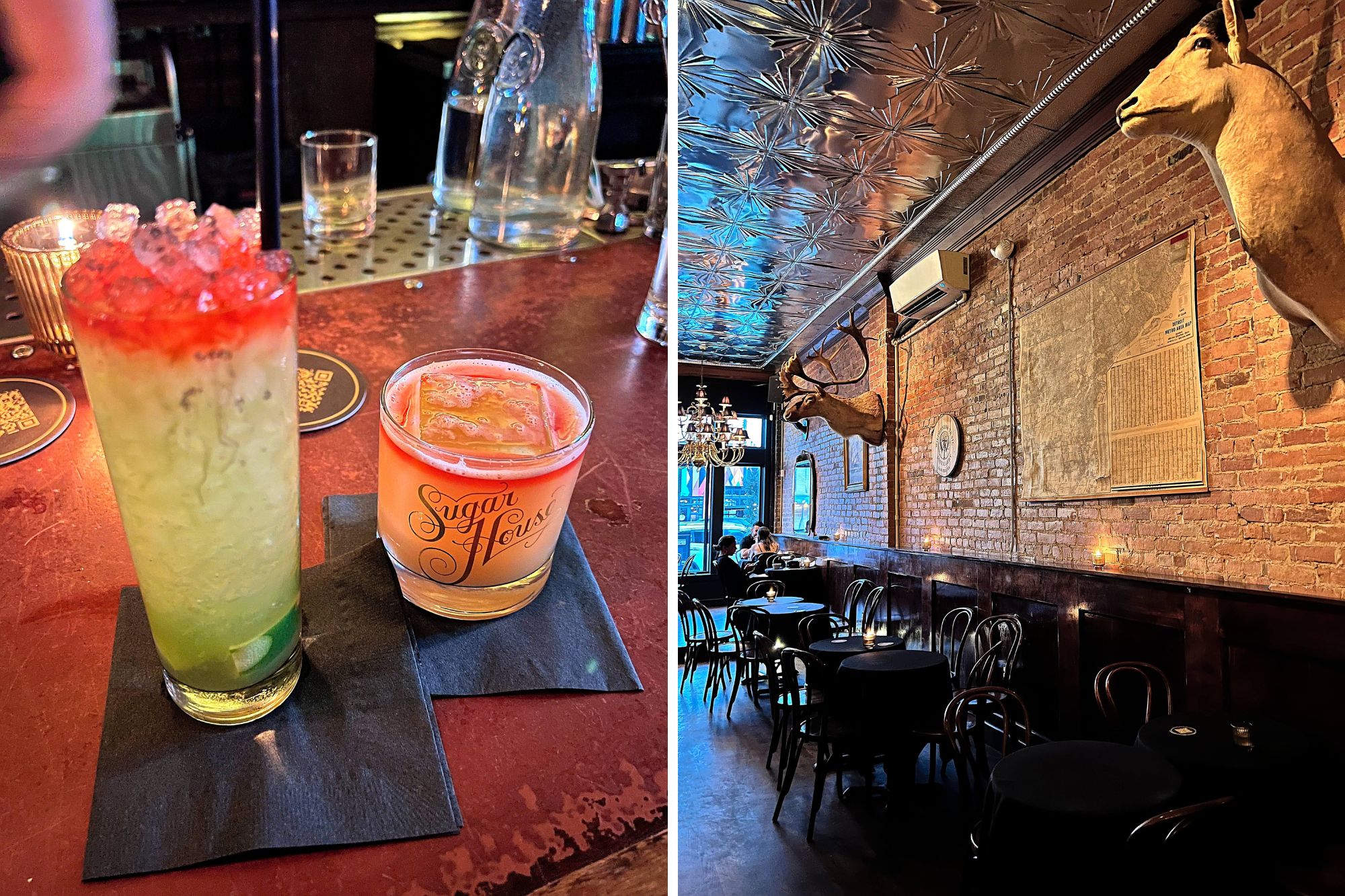 Two cocktails and the interior of Sugar House in Detroit