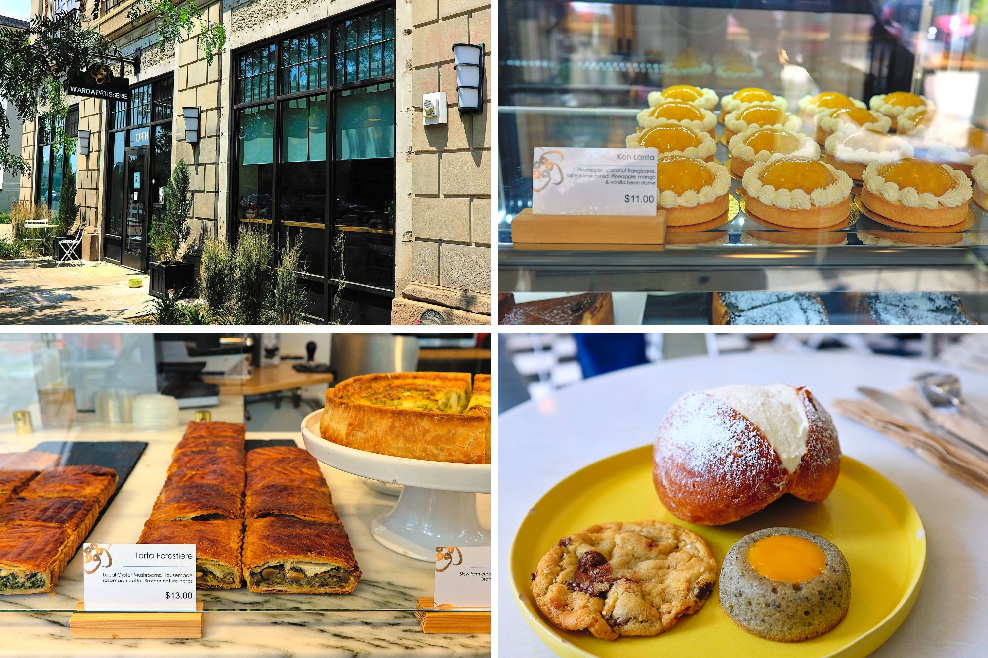 A photo of the exterior of Warda Pâtisserie, and pastries in the case