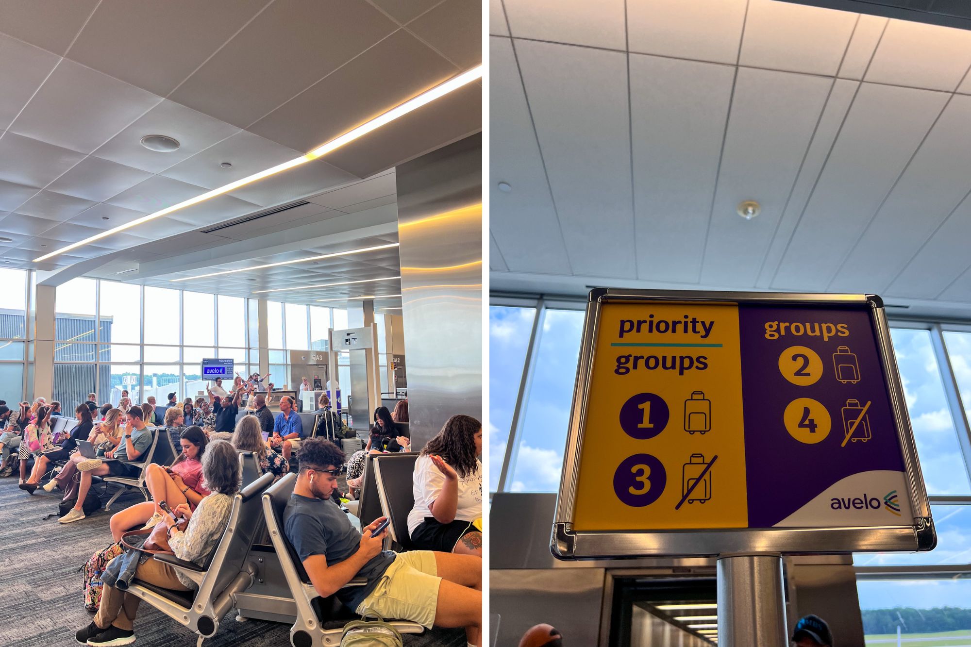 Two images: a crowd of people waiting at the gate and the boarding groups sign