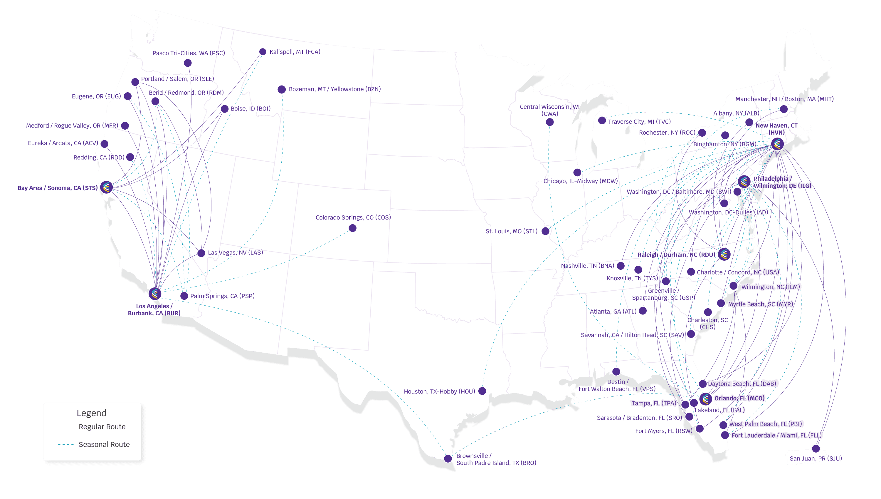 A screenshot of the Avelo Route Map