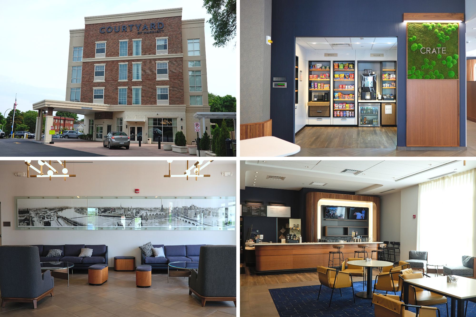 Four images of the common areas at the Courtyard by Marriott Rochester Downtown