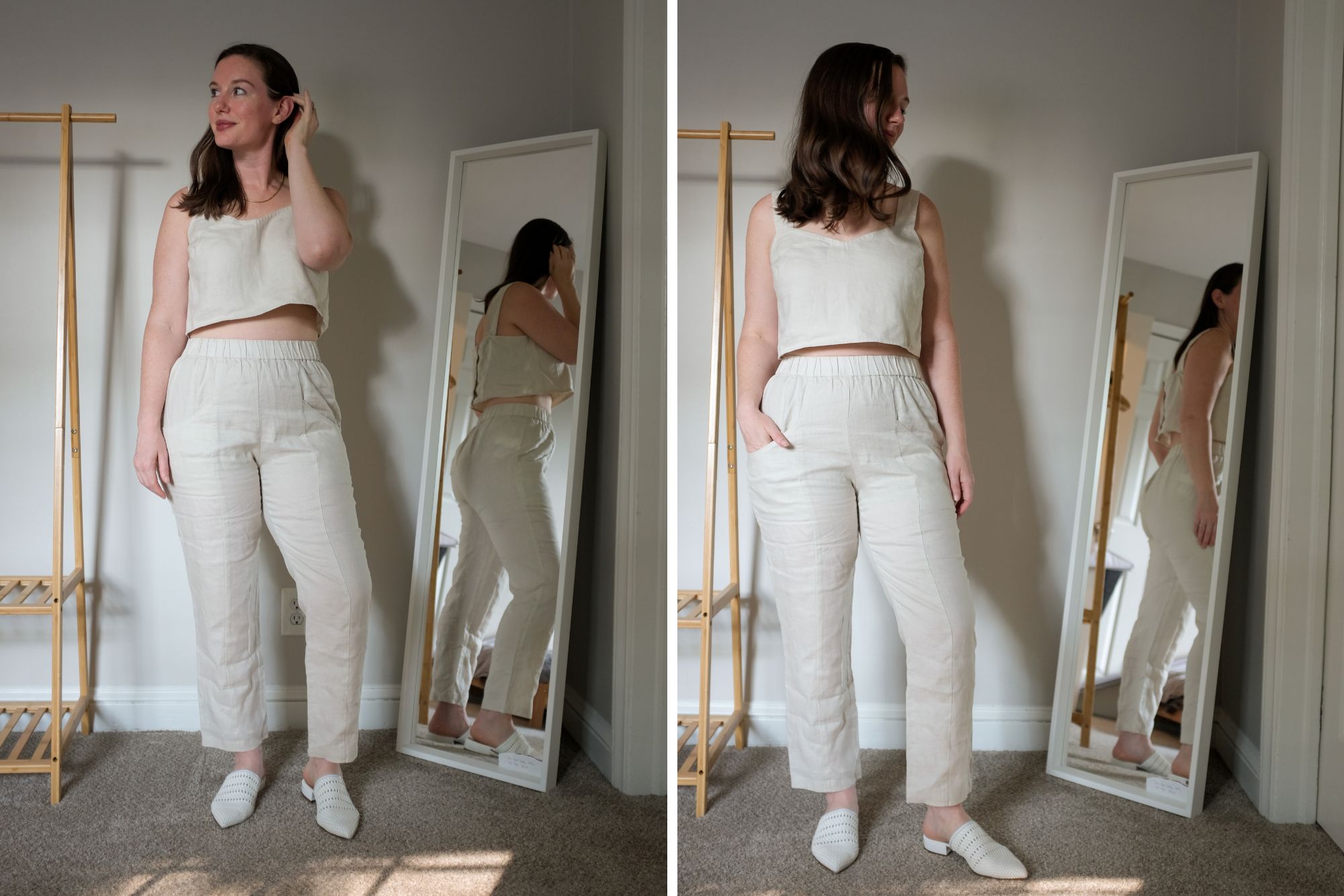 Alyssa wears the Linen Boxy Cropped Tank in two photos
