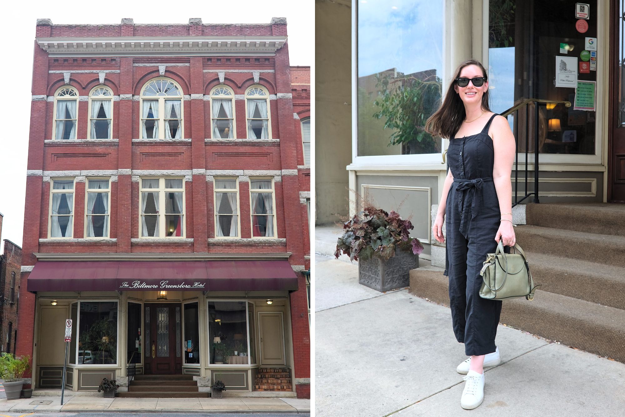 Exterior of the Biltmore Greensboro, and Alyssa in front