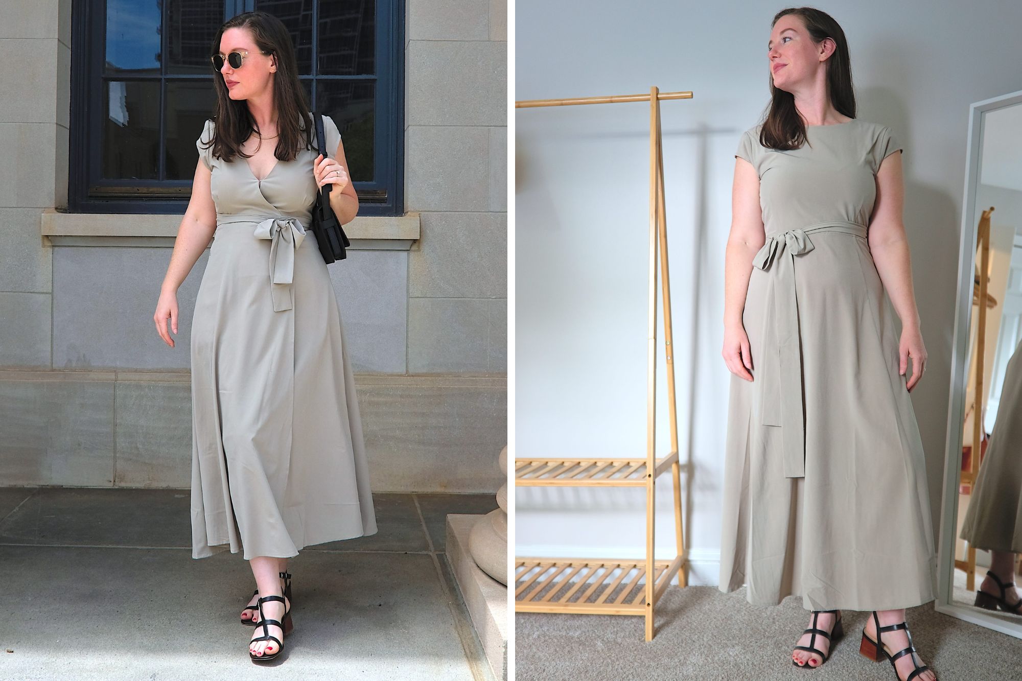 Alyssa wears the wayre dress in two photos