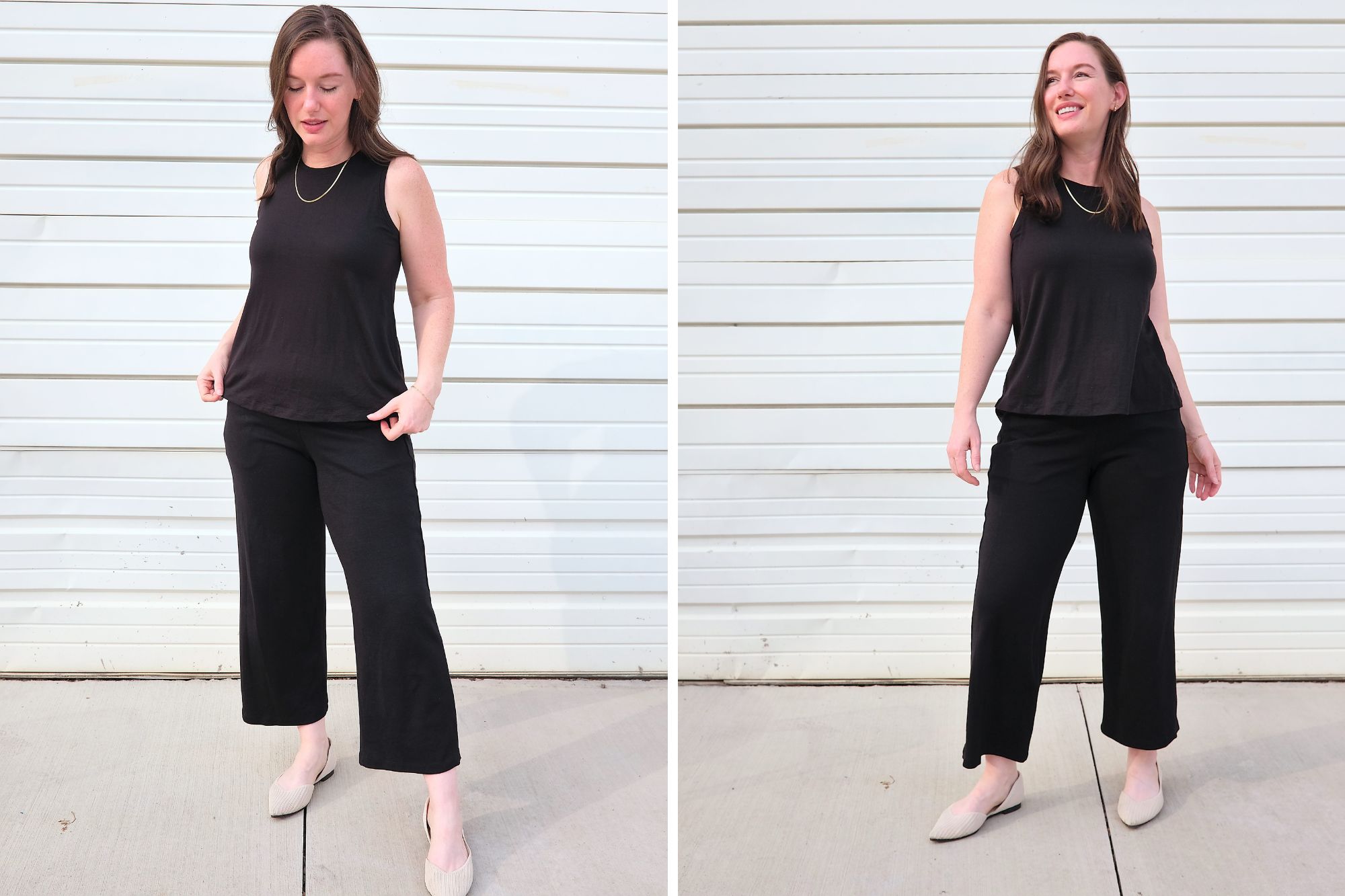 Alyssa wears the Poppy Tank Top untucked in two photos