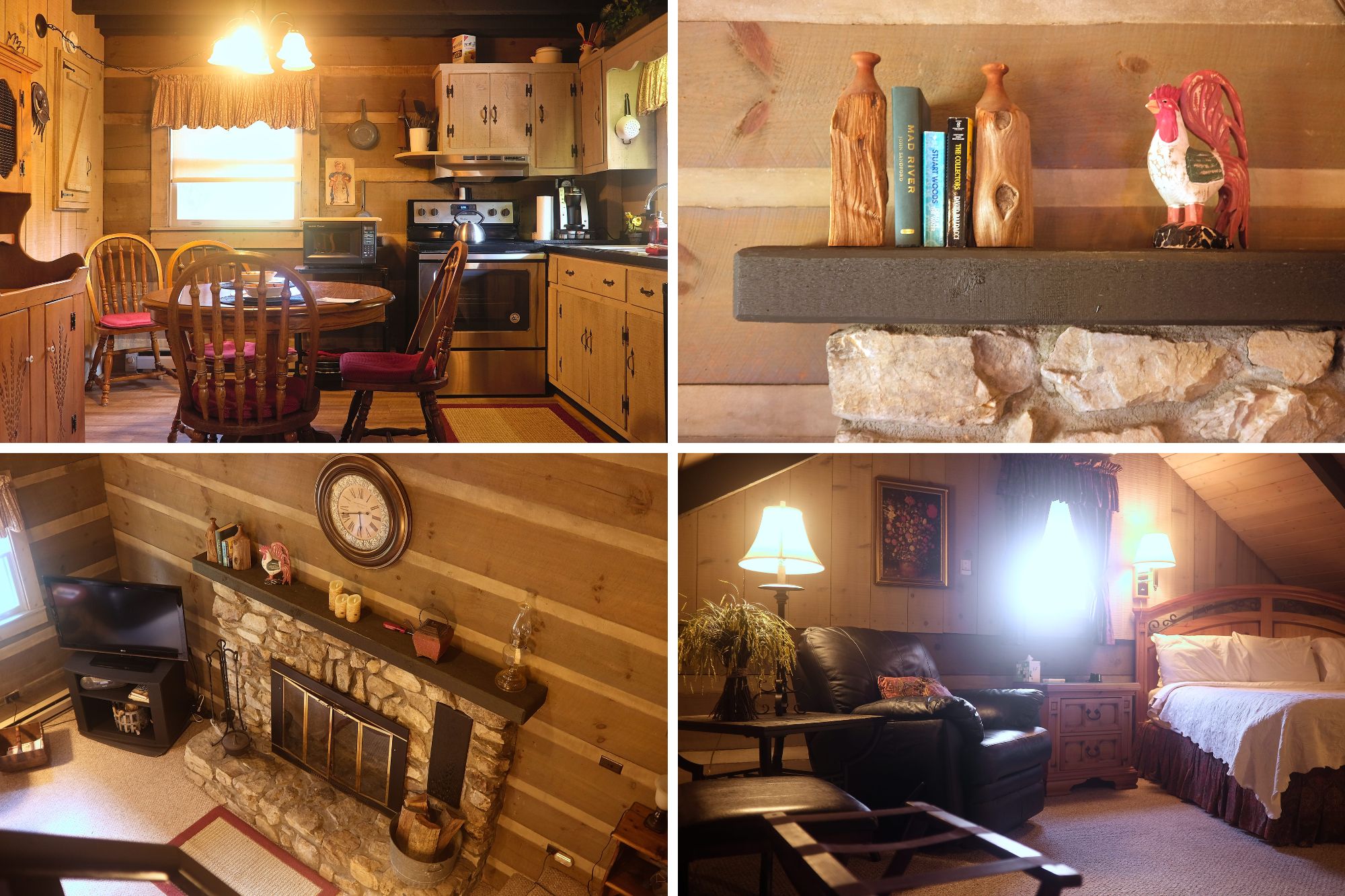Four photos showing the interior of the cabin, including the kitchen, decor, fireplace, and loft
