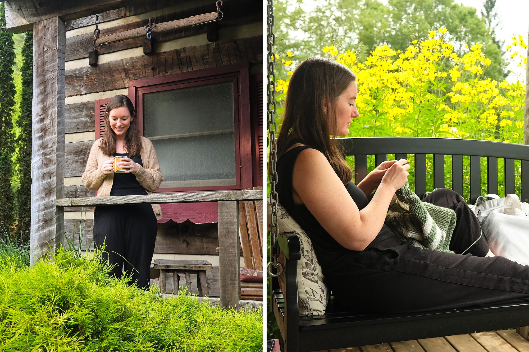 Two photos of Alyssa drinking coffee and knitting on the porches