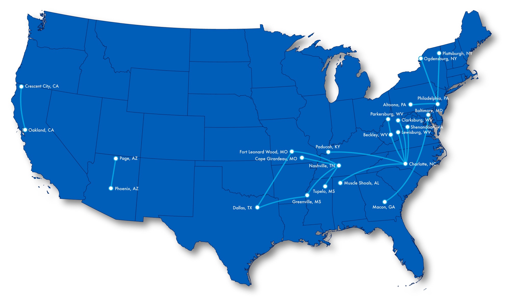 A map showing Contour's flight routes