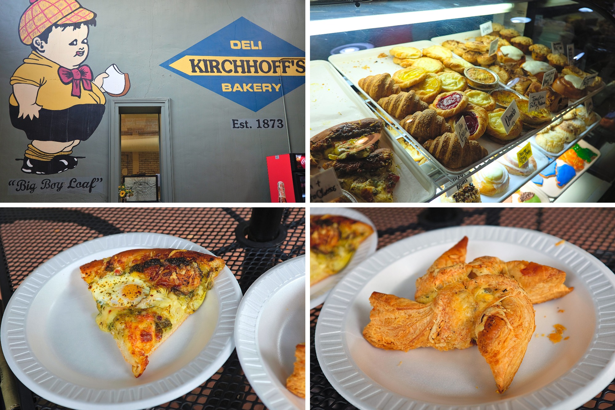 A collage of images from Kirchhoff's, including a mural on the wall, the pastry case, and two pastries