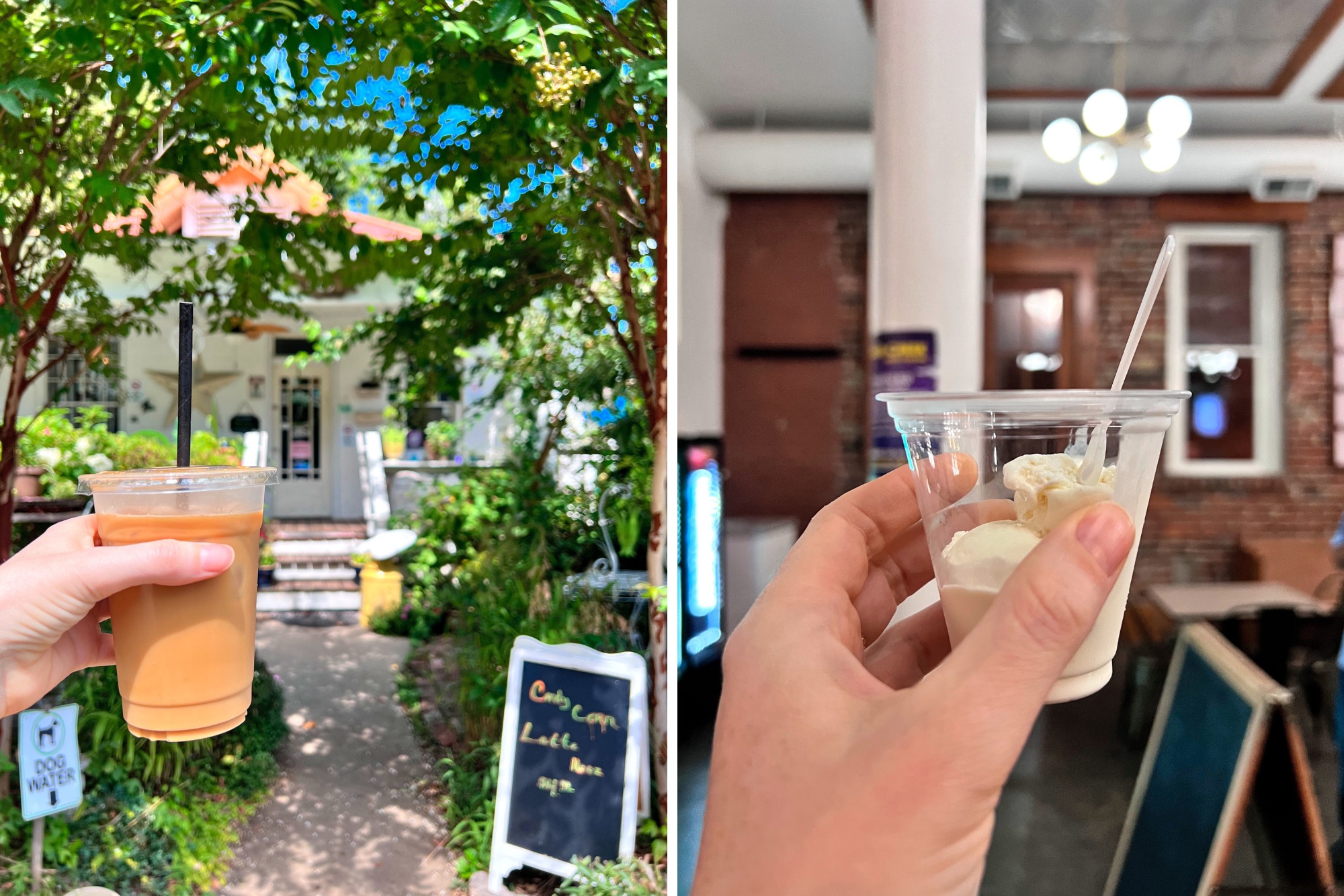 Two images: Alyssa holding a coffee at 505 and an ice cream at Forever Sweet