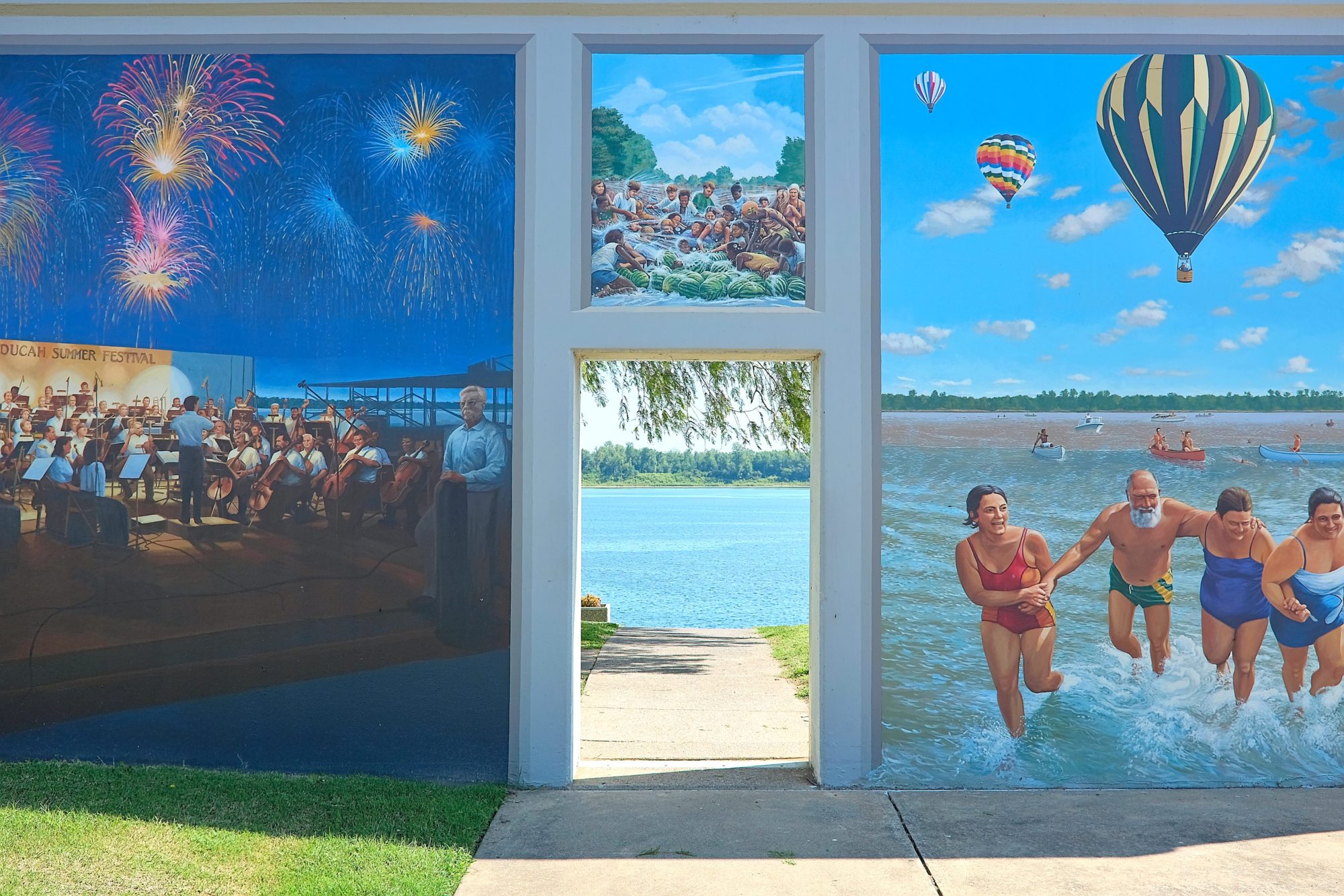 The Ohio River is seen through murals at Paducah Wall-to-Wall