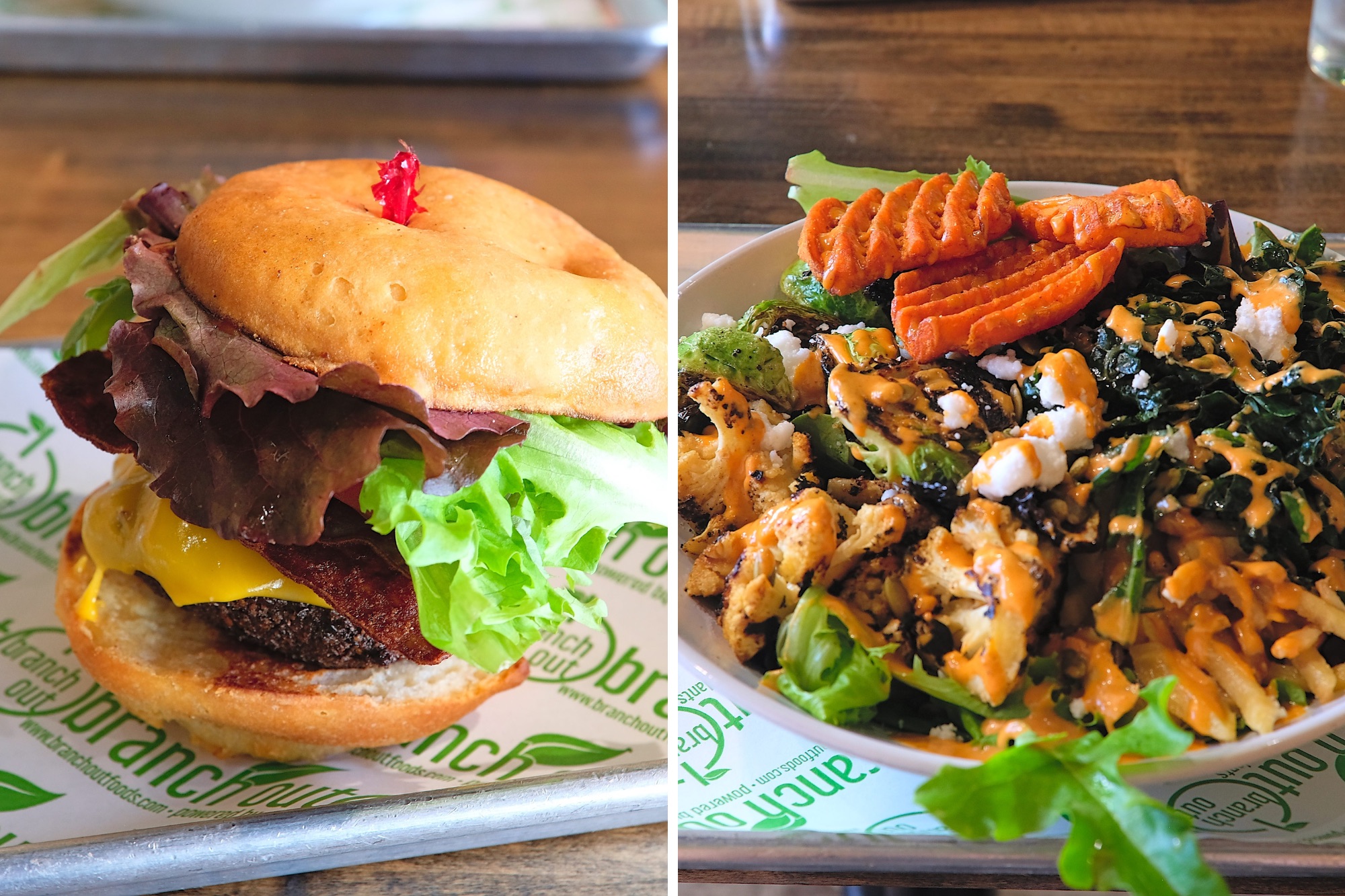 Two dishes from Branch Out: A vegan burger and a harvest bowl