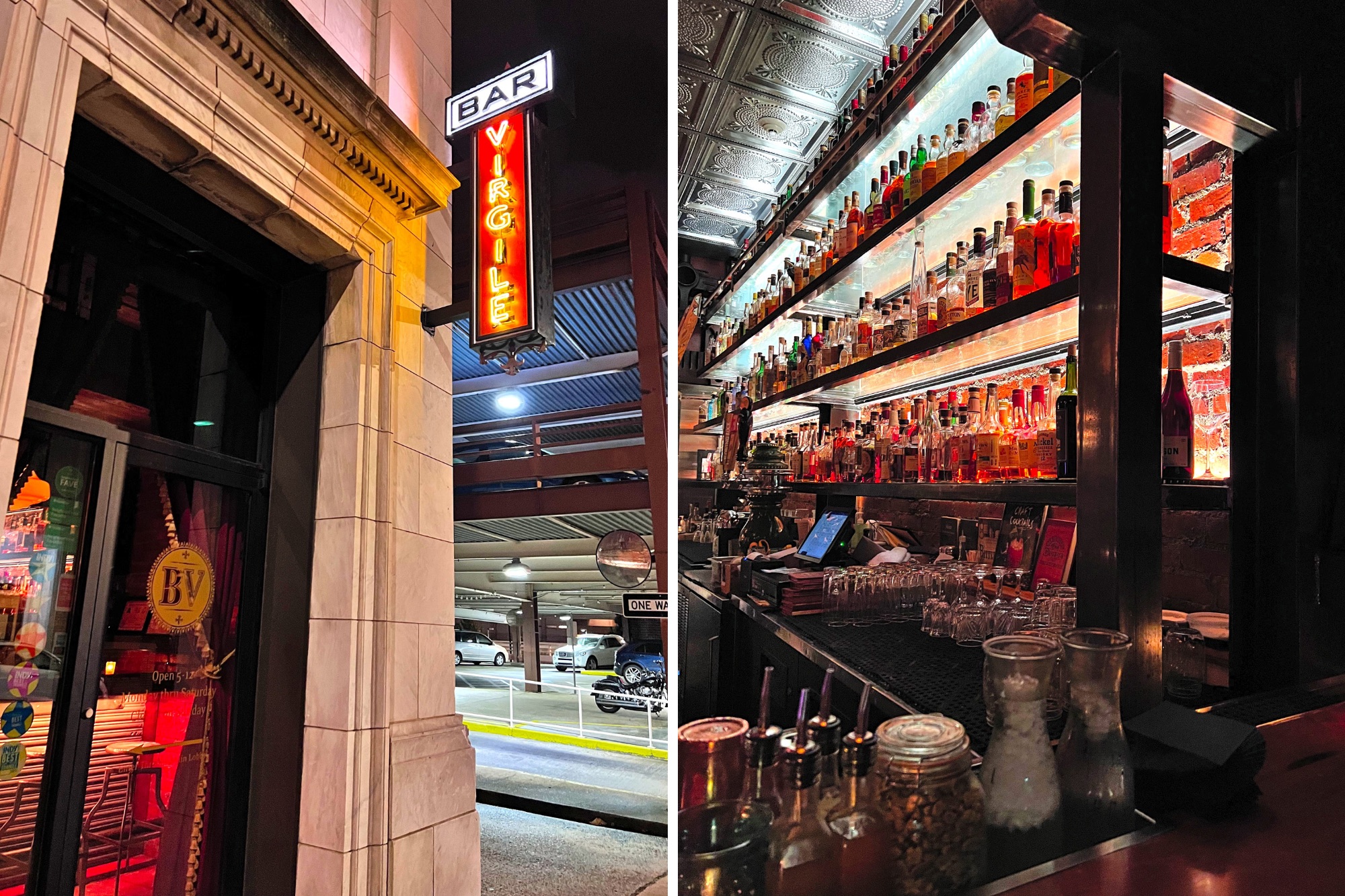 A neon sign at Bar Virgile in Durham, and a well-stocked bar