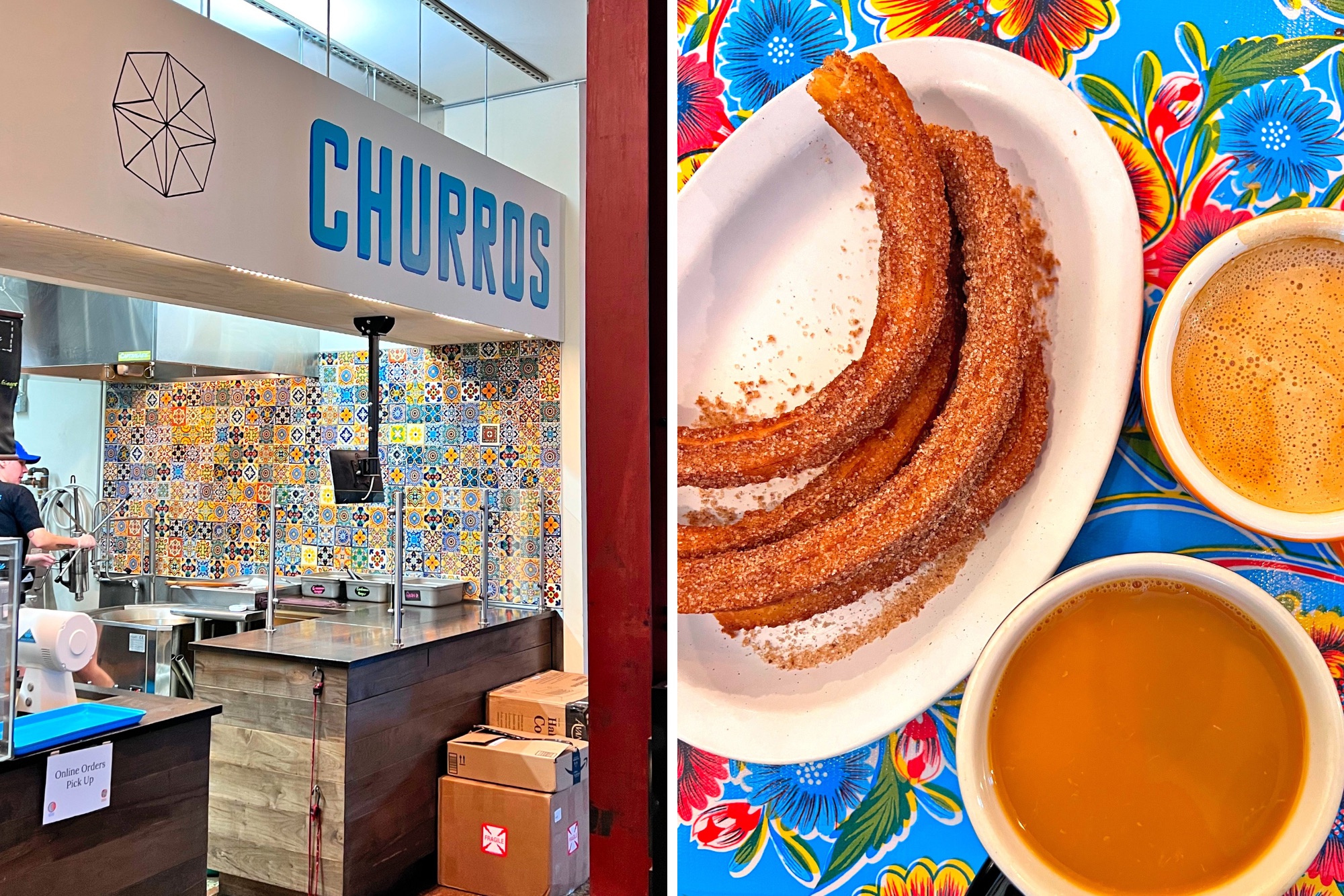 A sign that reads "Churros" and a plate of churros and coffee