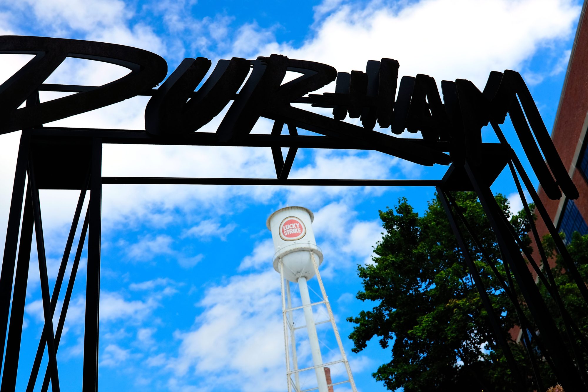 The Lucky Strike water tower is visible beneath a DURHAM sign