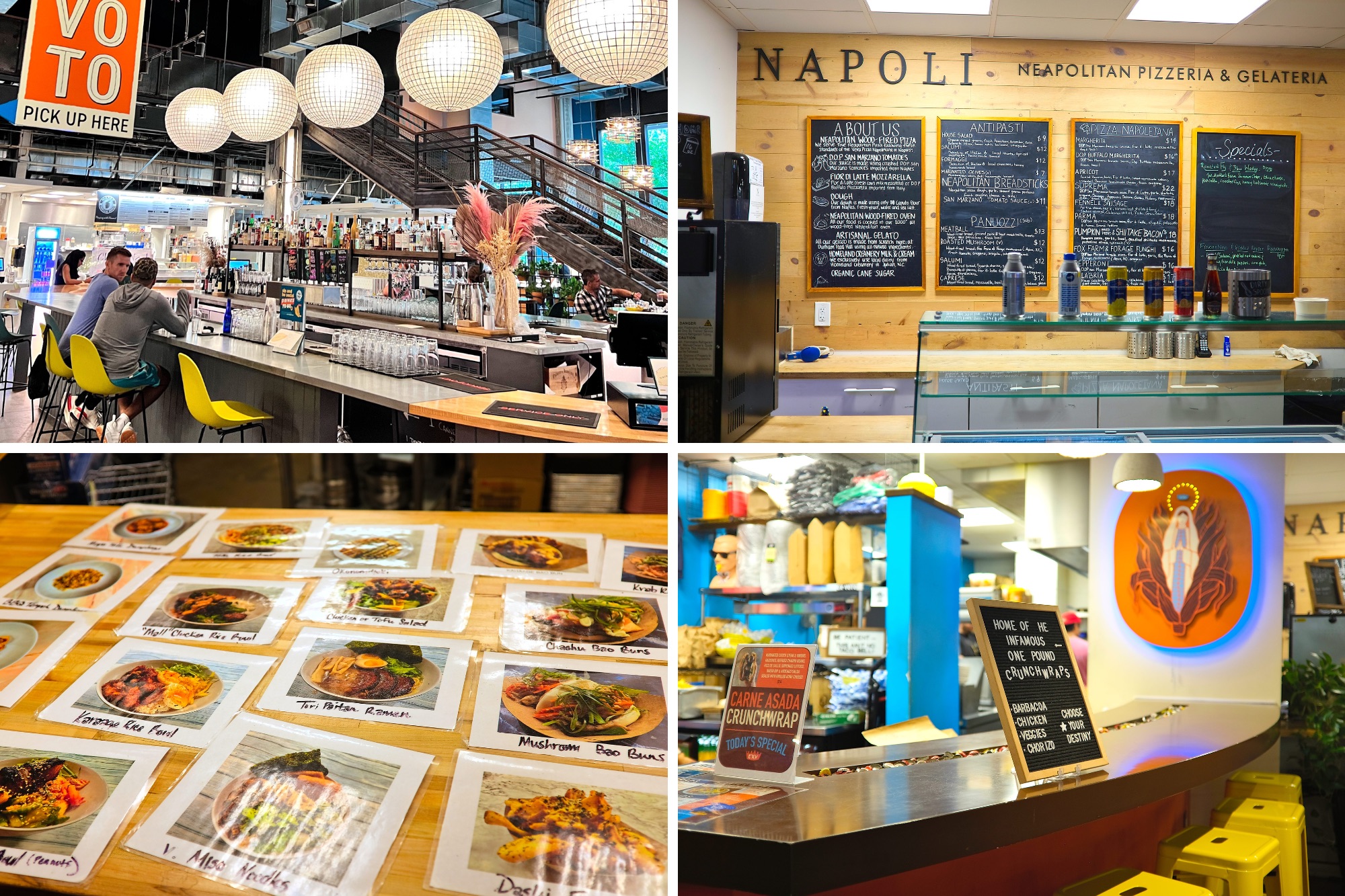 Four photos of restaurant stalls in Durham Food Hall