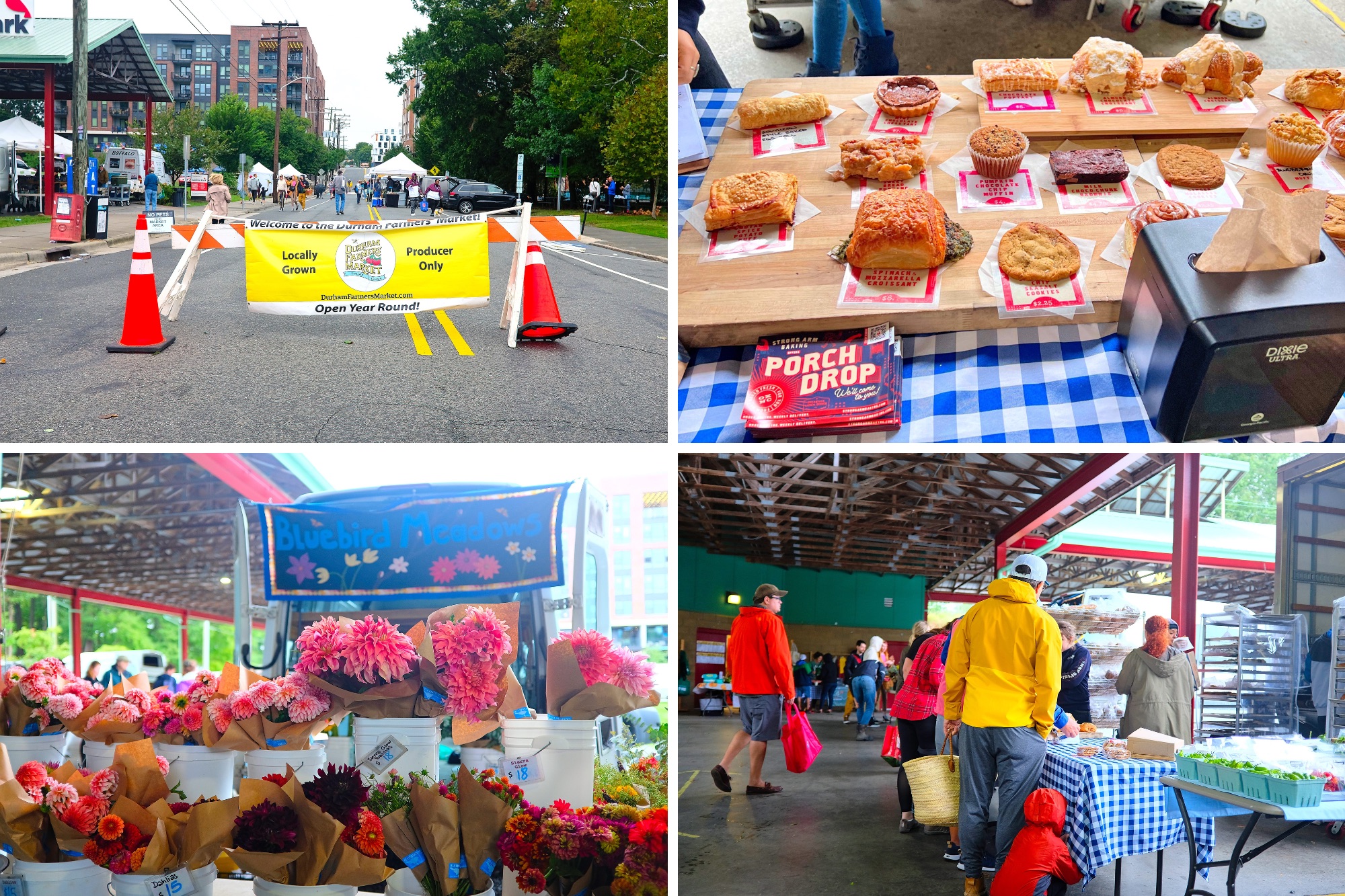 Shoppers and goods at the Farmers' Market in Durham