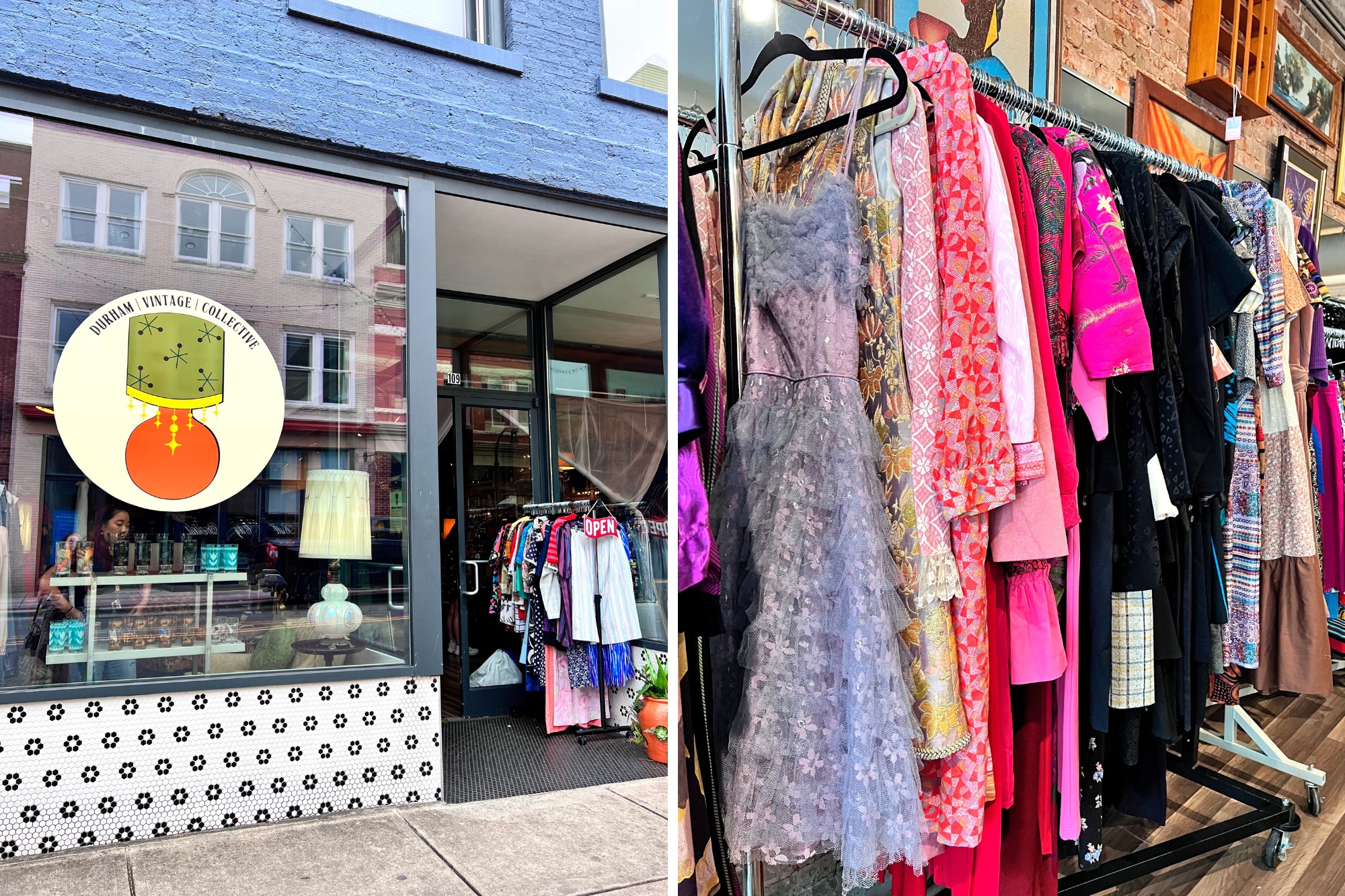 A photo of the interior of Durham Vintage Collective and a rack of clothing