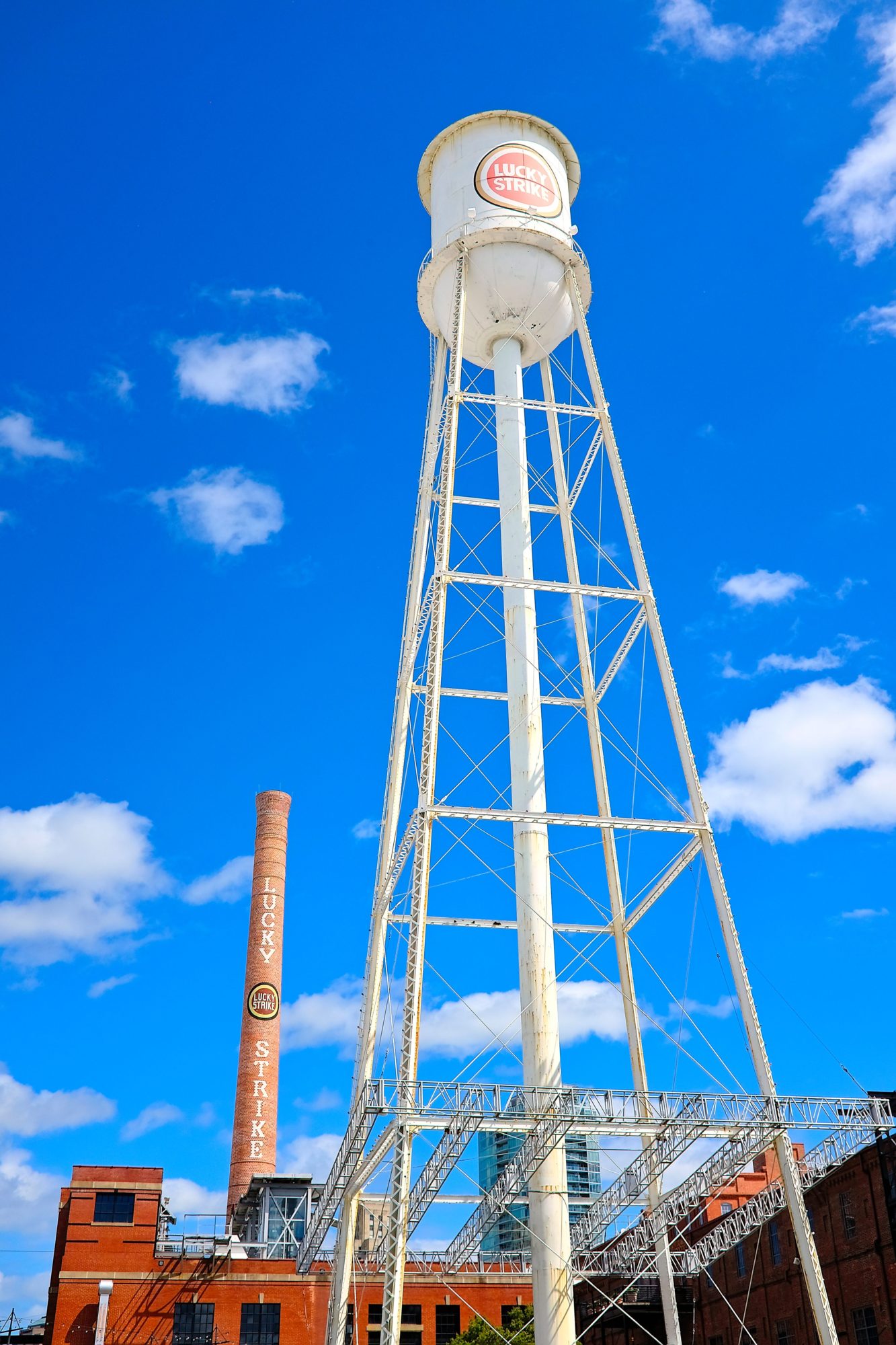 The Lucky Strike water and smoke stack at American Tobacco Campus