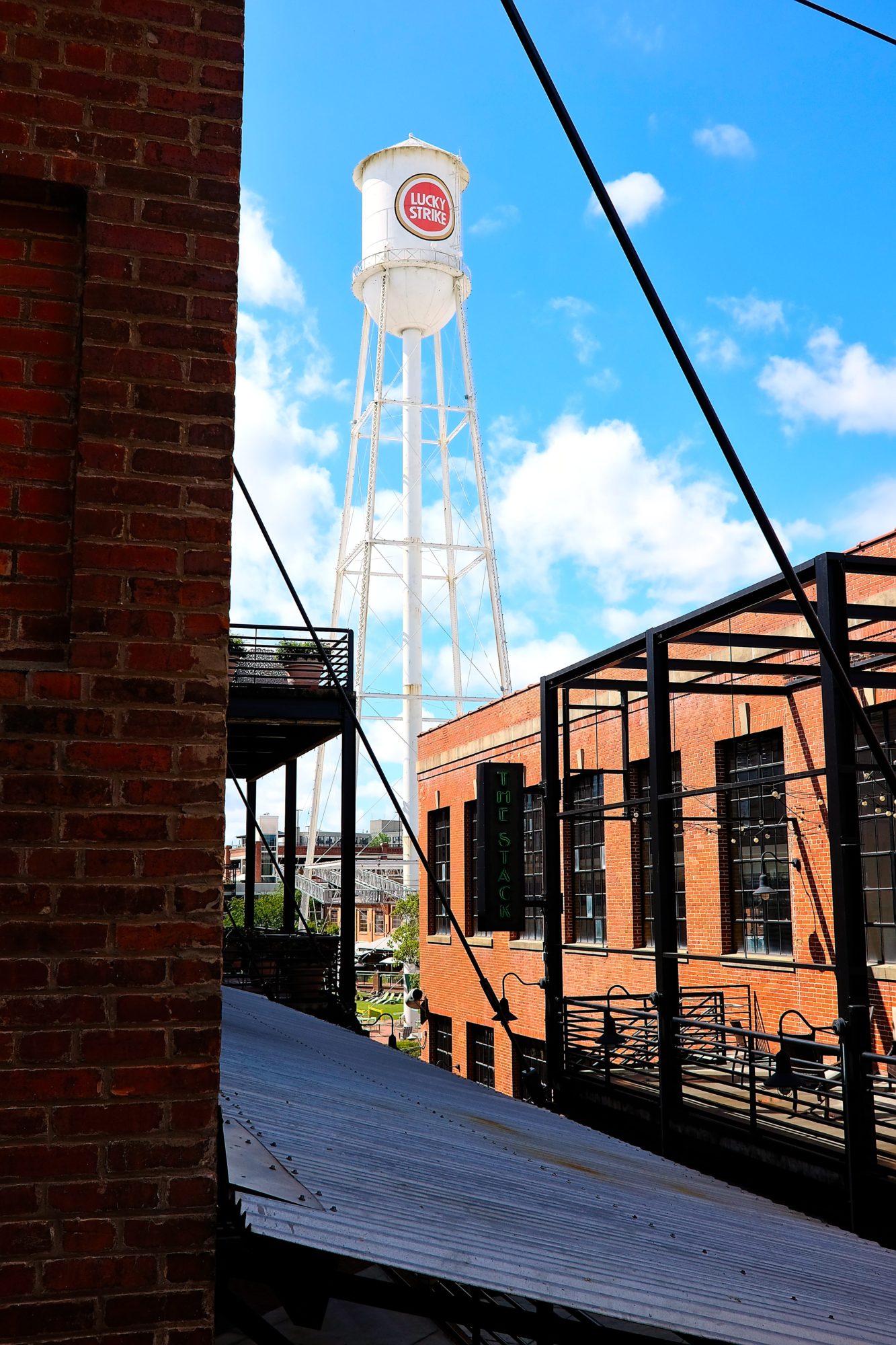 The Lucky Strike water tower is seen from the American Tobacco Campus
