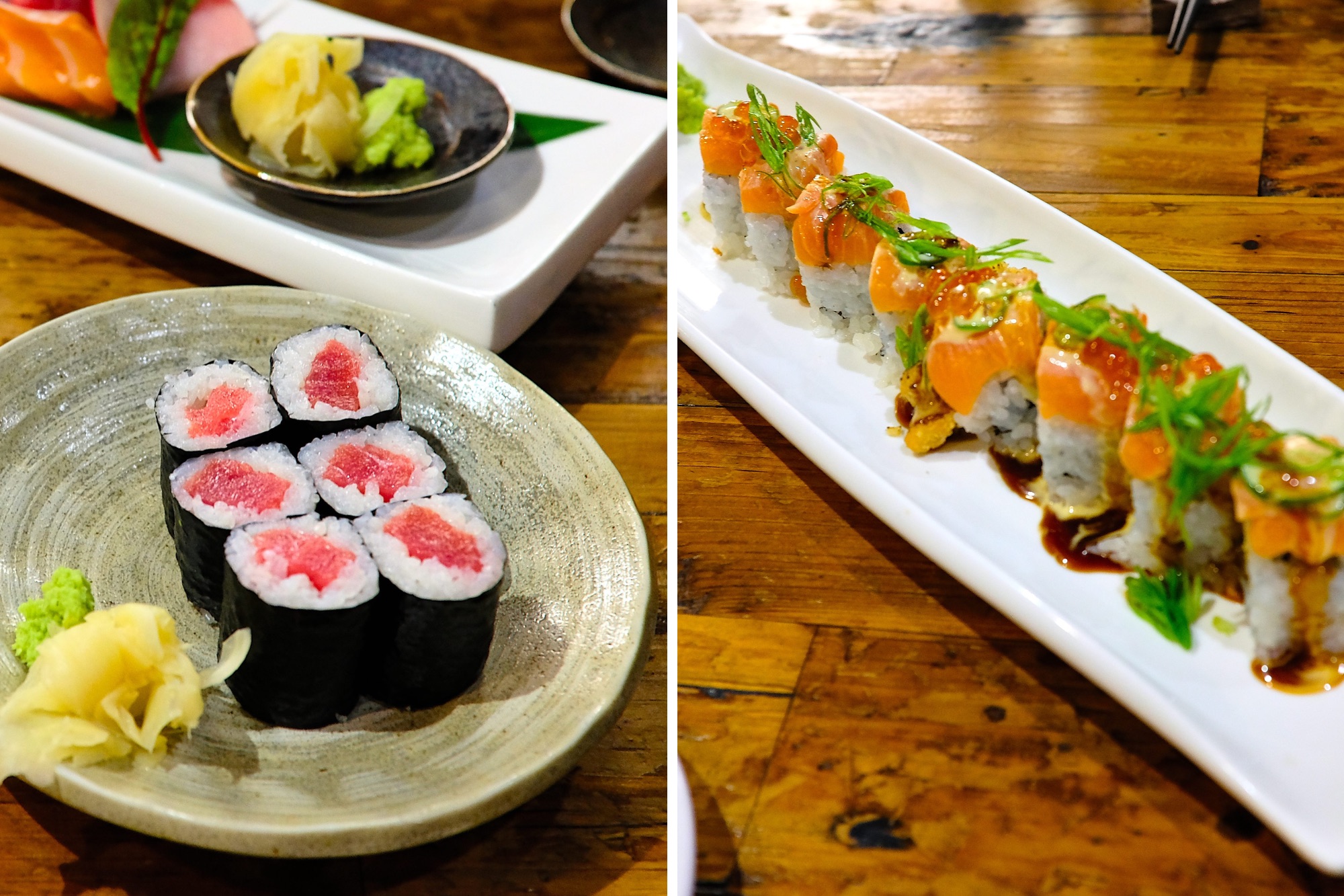 One simple tuna maki and one elaborate salmon sushi roll at M Sushi