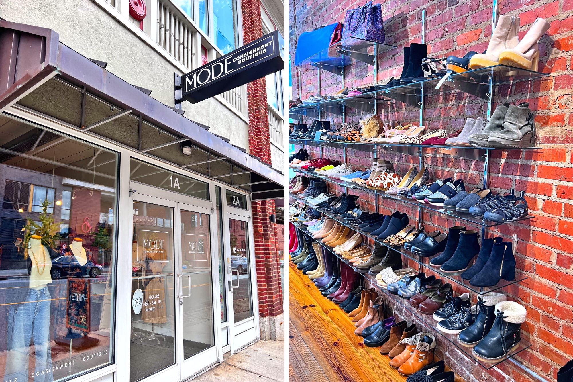 The exterior of MODE Consignment Boutique and a wall of shoes for sale