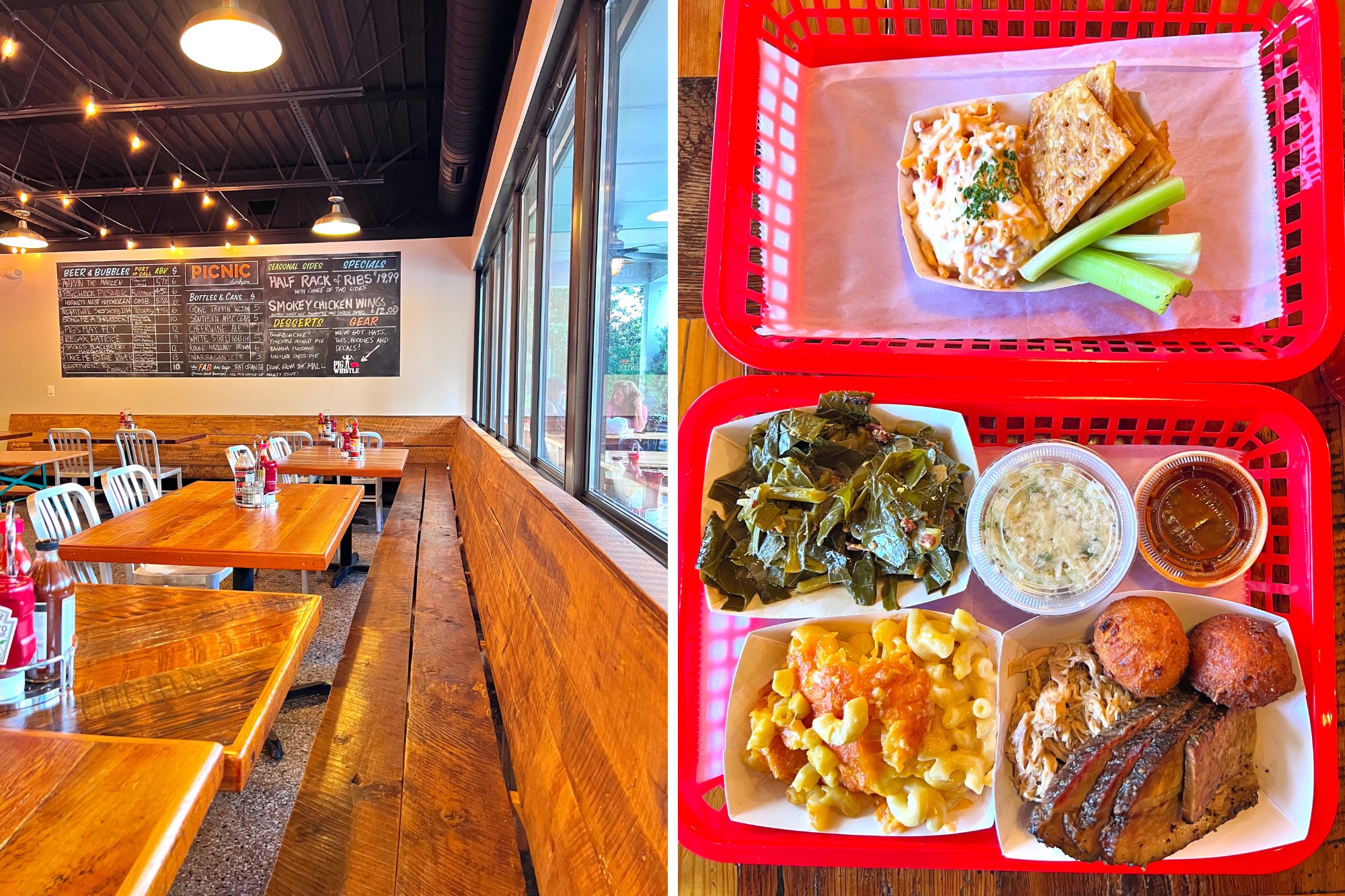 the interior of Picnic and a tray of barbecue