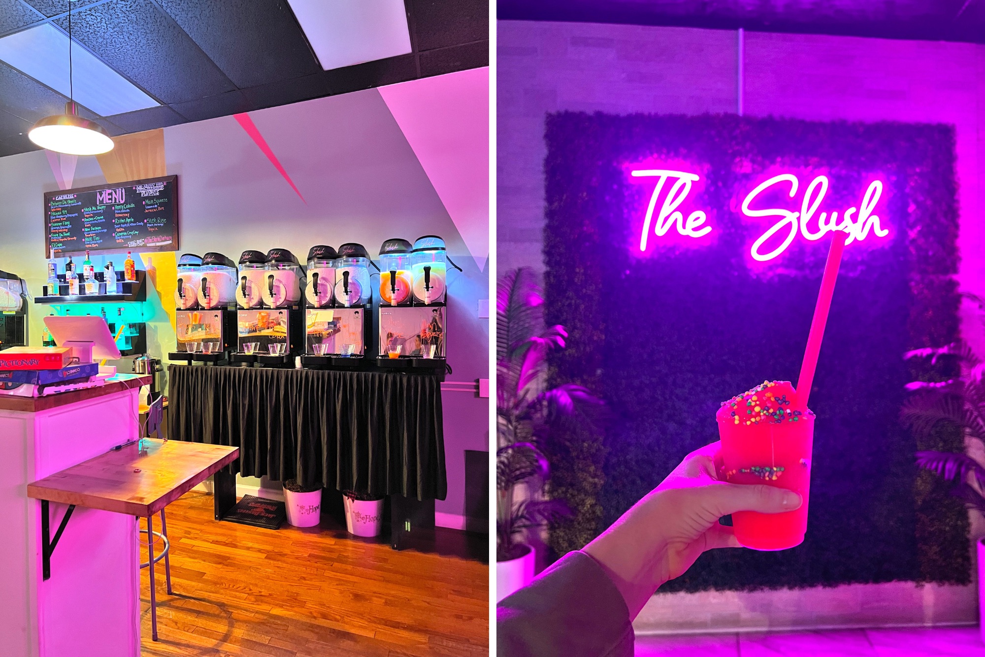Slush machines and a bright pink drink at The Slush