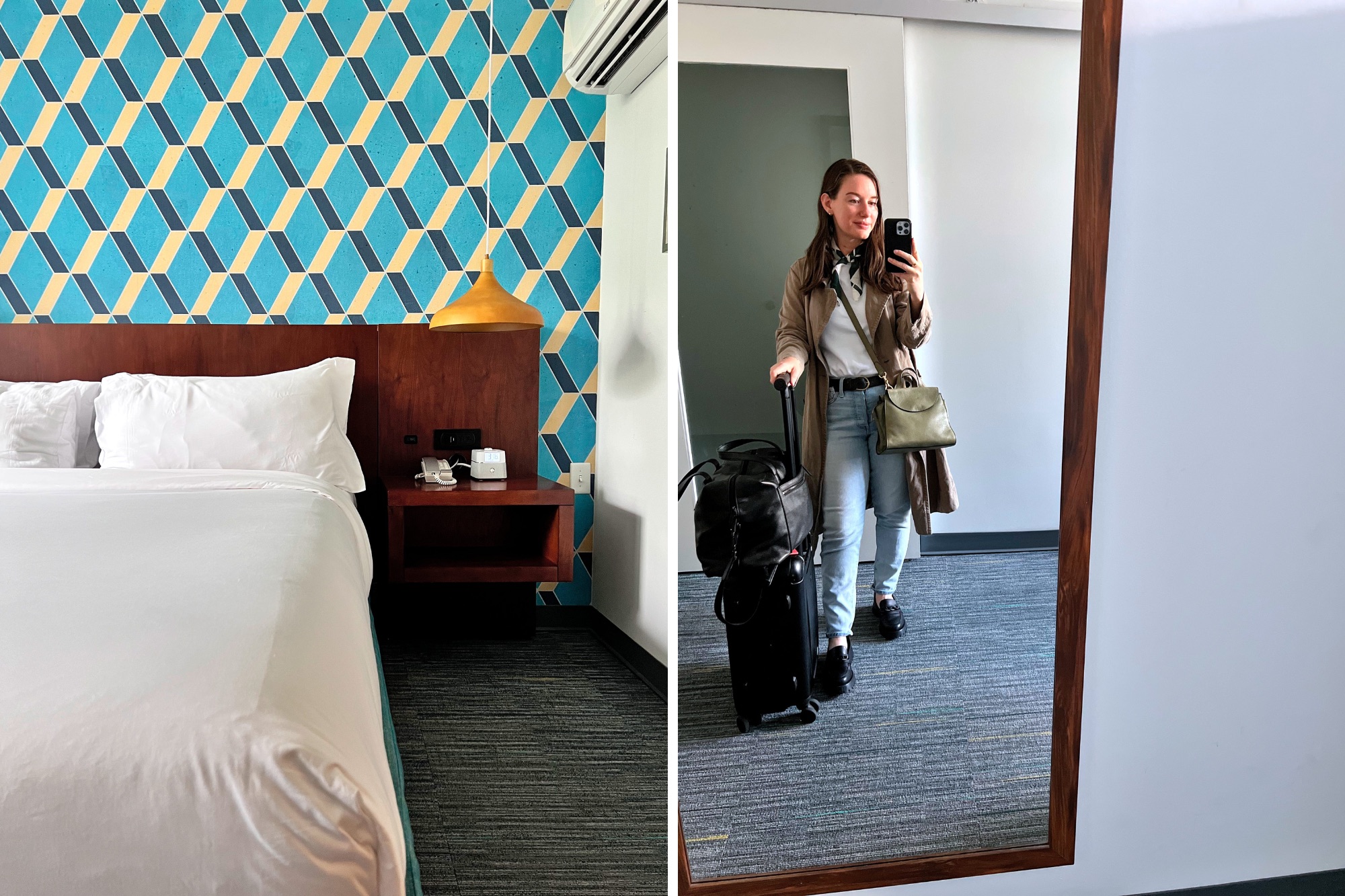 Two images: the King bed and Alyssa taking a mirror selfie