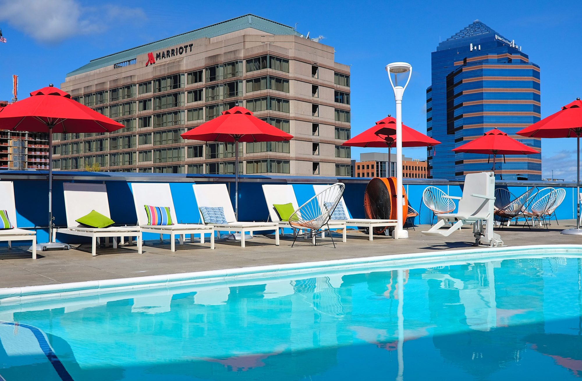 View of the pool and Durham skyline at Unscripted Durham