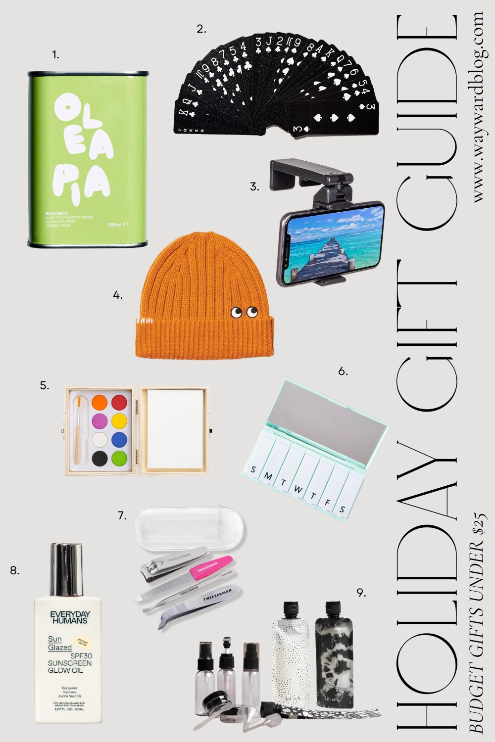 A collage of budget gifts under $25 with numbers that correspond to the links below