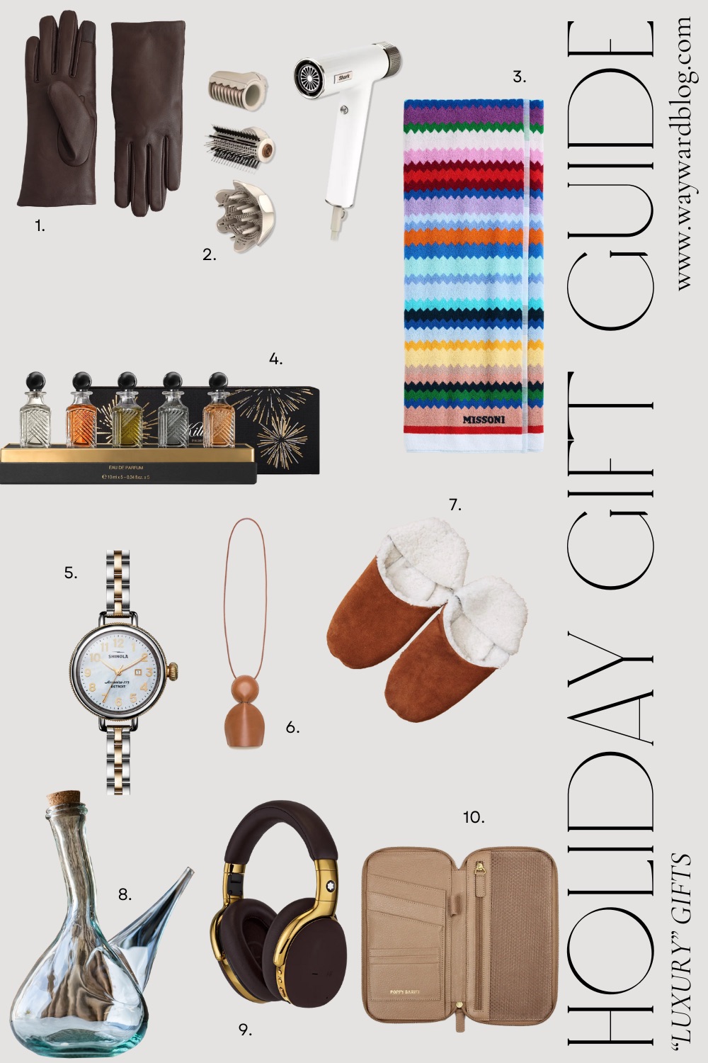 A collage of items in the luxury gift guide that correspond to the links in this post