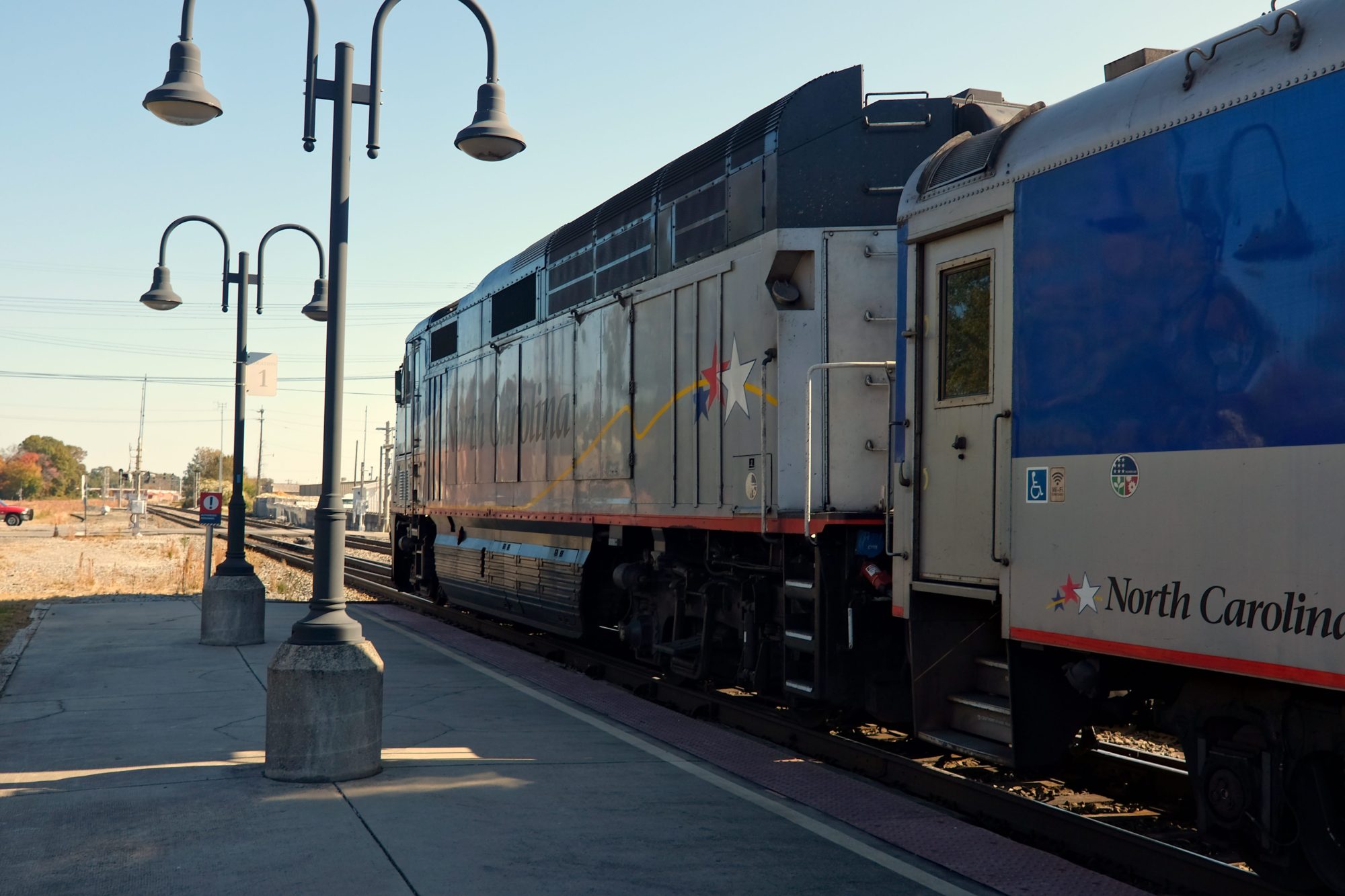 A train pulls away from the station