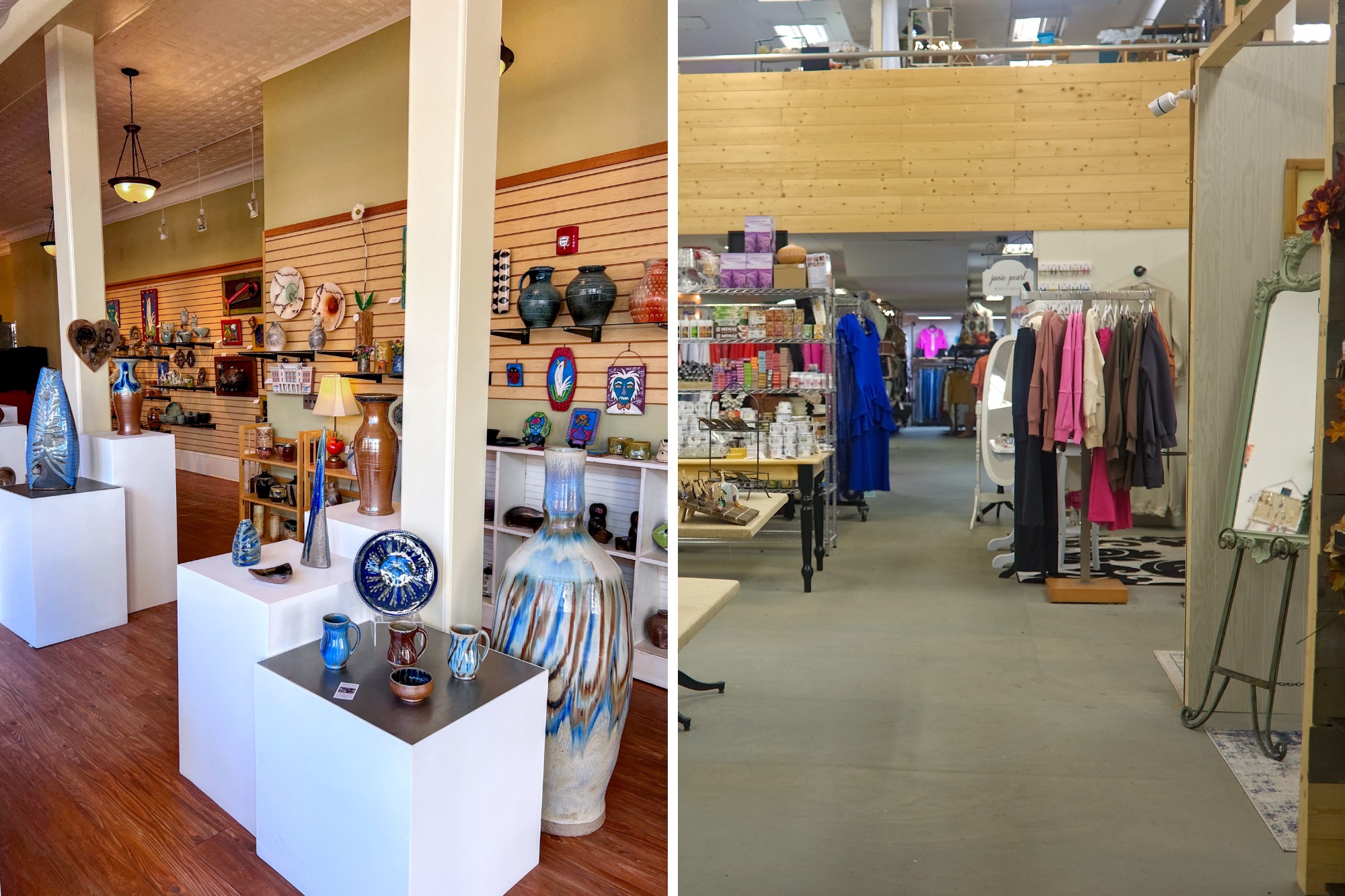 Two images of shops in downtown Salisbury