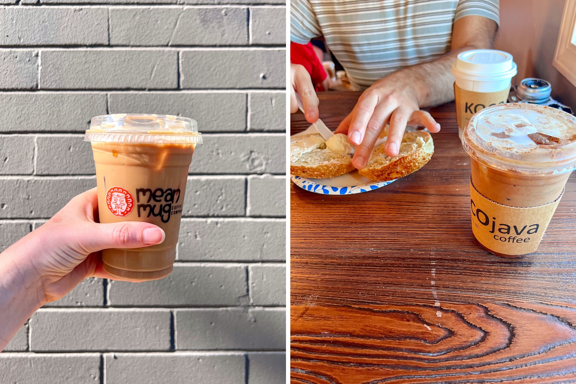 Alyssa holds a coffee in front of a brick wall in one photo, and Michael slices a bagel in another