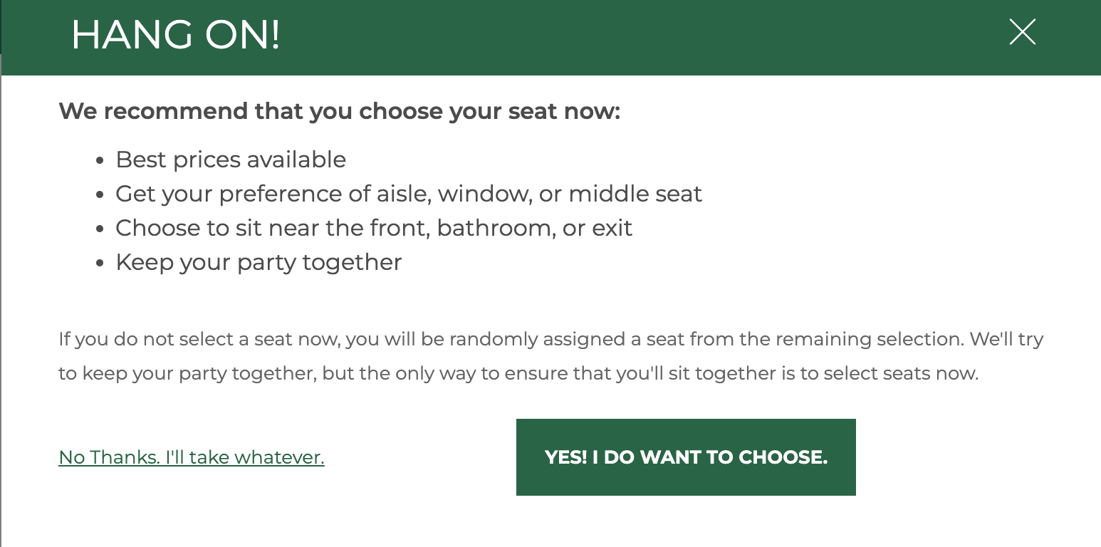 A screenshot from the Frontier website that is designed to make users click the option that would cost them money